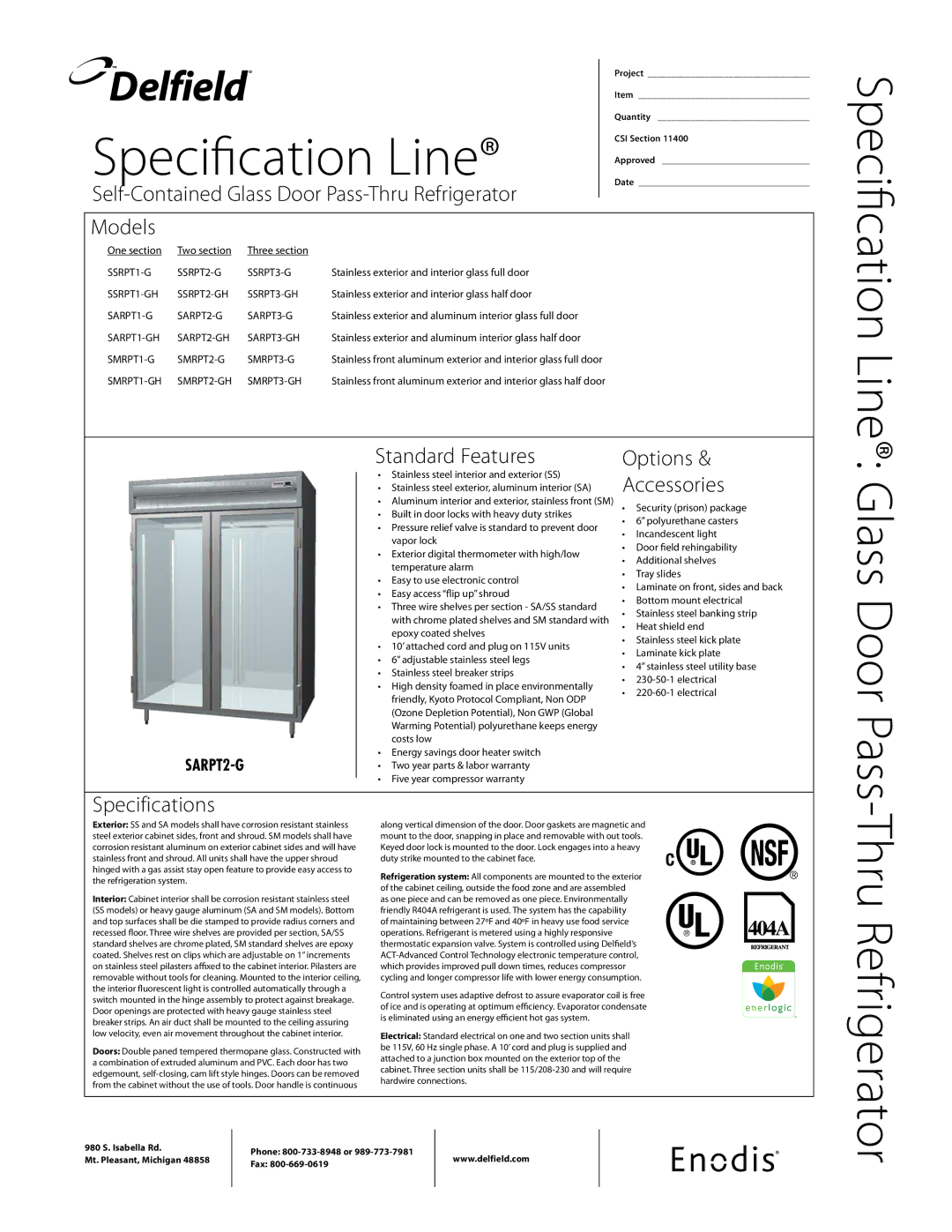 Delfield SMRPT-GH specifications Self-Contained Glass Door Pass-Thru Refrigerator, Models, Standard Features Options 