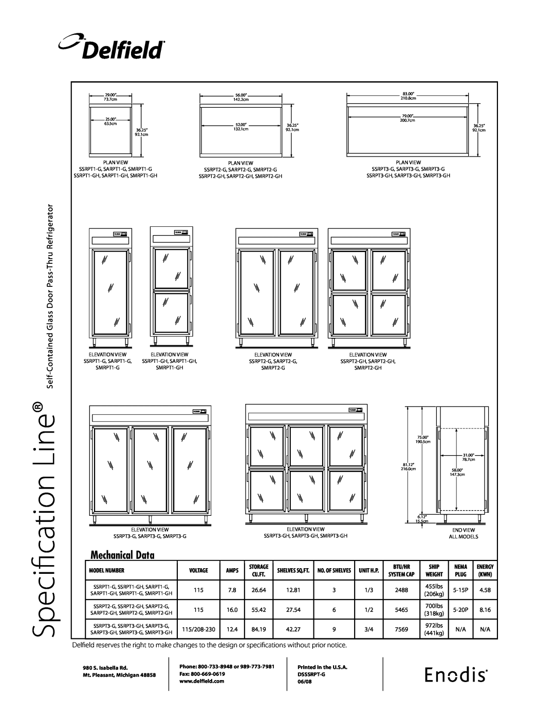 Delfield SMRPT-G Line, Specification, Delfield, Mechanical Data, Glass Door Pass-Thru Refrigerator, Contained, Self, Amps 