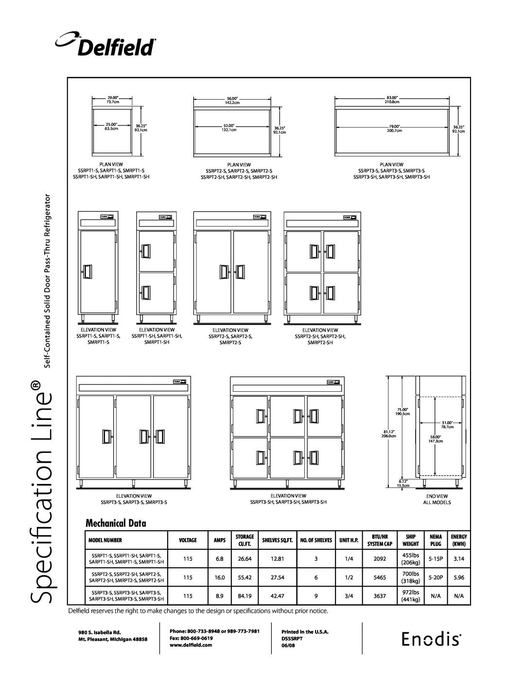 Delfield SSRPT2-SH Mechanical Data, Line, Specification, Delfield, Solid Door Pass-ThruRefrigerator, Self-Contained 
