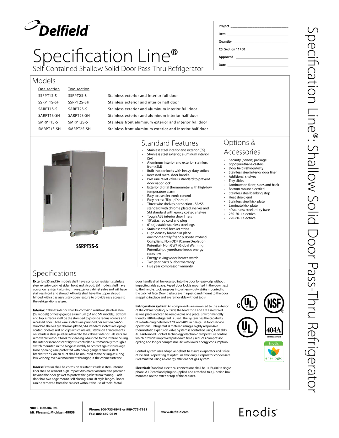 Delfield SSRPT1S-SH, SSRPT2S-SH, SMRPT1S-SH specifications Models, Standard Features, Options Accessories, Specifications 