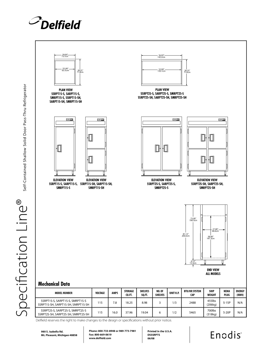 Delfield SSRPT2S-SH, SSRPT1S-SH, SMRPT1S-SH, SMRPT2S-SH, SARPT1S-S, SARPT2S-S specifications Mechanical Data 