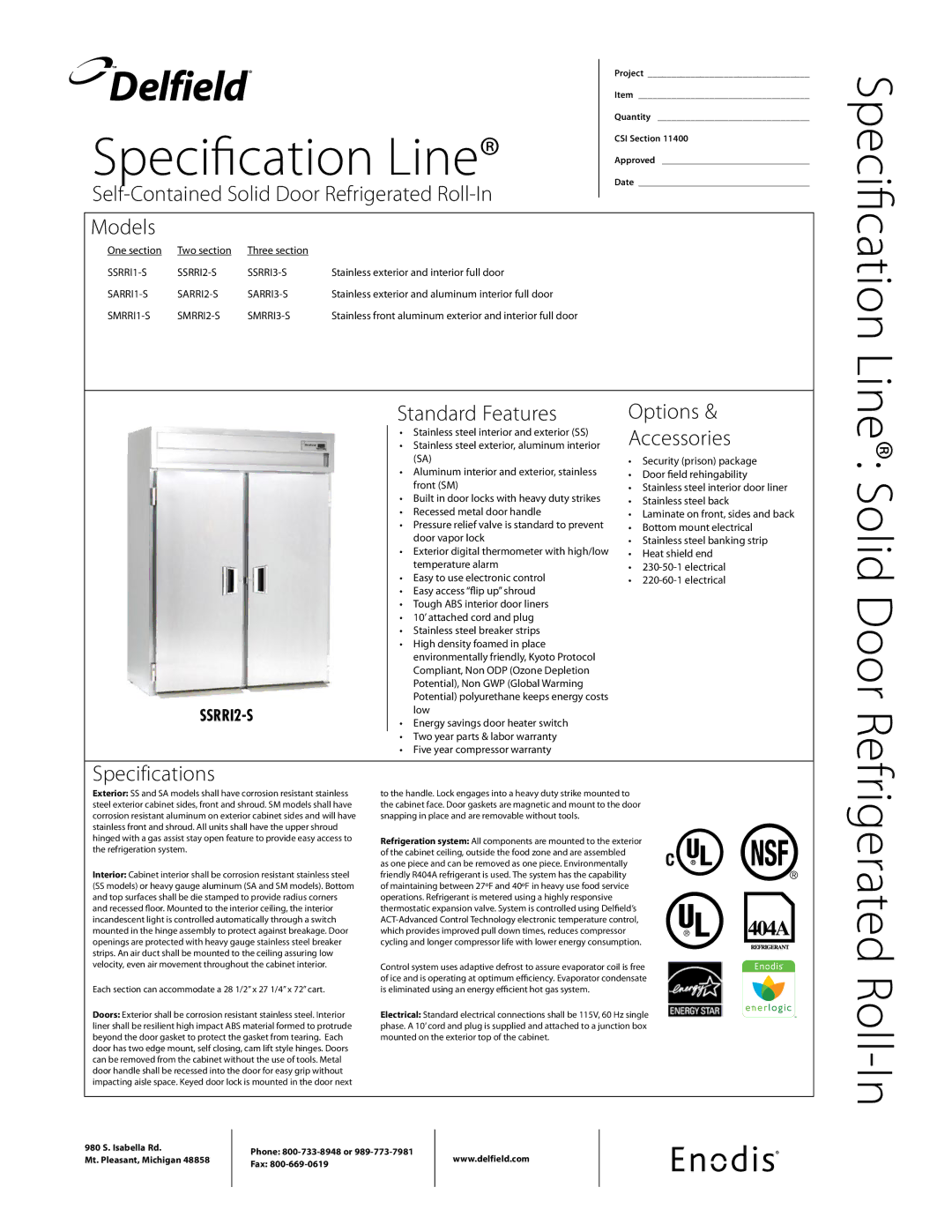 Delfield SSRRI-S specifications Self-Contained Solid Door Refrigerated Roll-In, Models, Standard Features, Specifications 