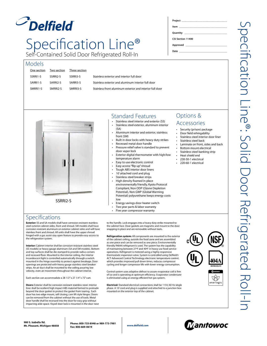 Delfield SSRRI3-S, SSRRI1-S, SSRRI2-S specifications Models, Standard Features, Options Accessories, Specifications 