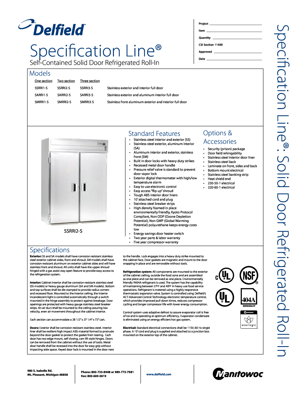 Delfield SSRRI3-S specifications Specification Line, Line Solid Door, Refrigerated Roll-In, Models, Standard Features 