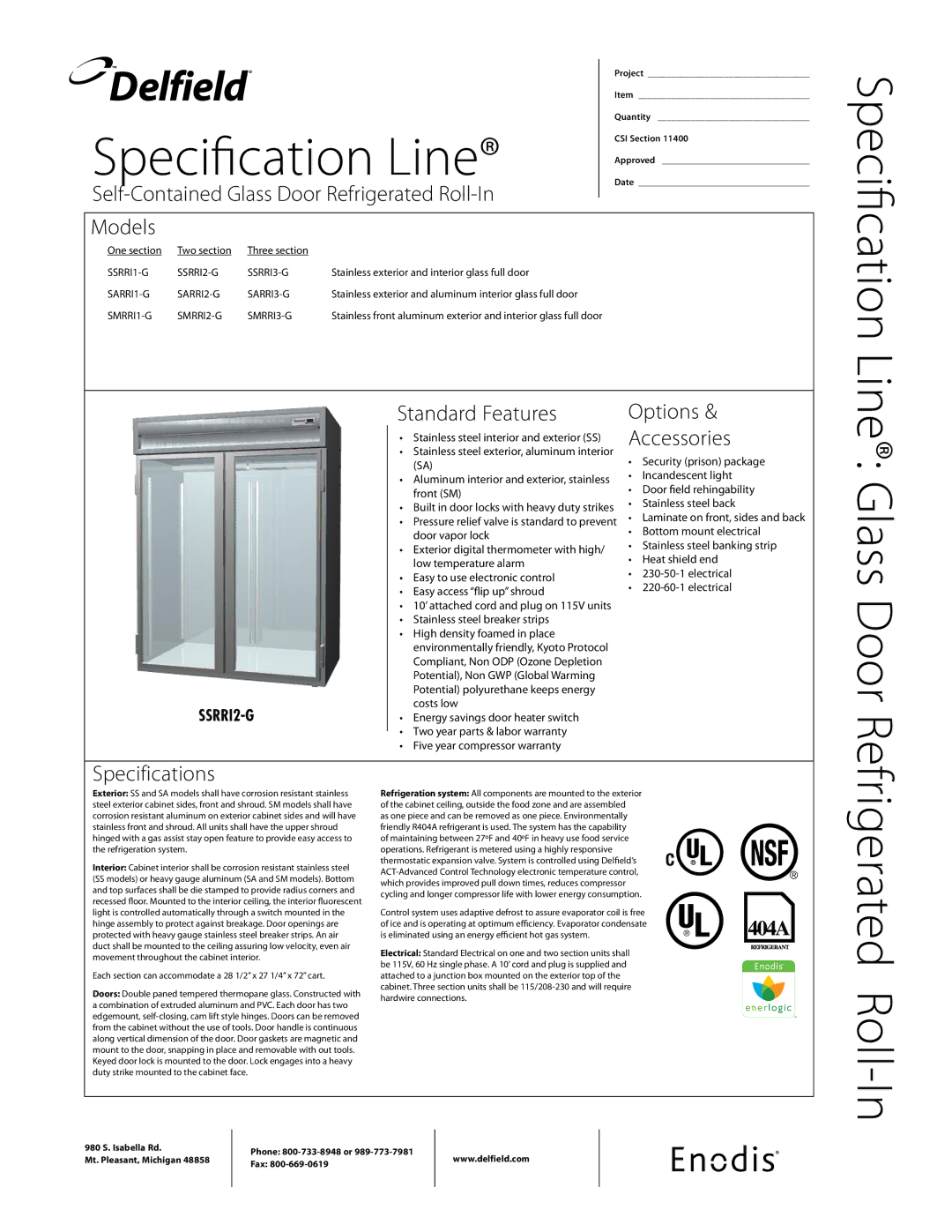 Delfield SSRRI1-G specifications Self-Contained Glass Door Refrigerated Roll-In, Models, Standard Features, Specifications 