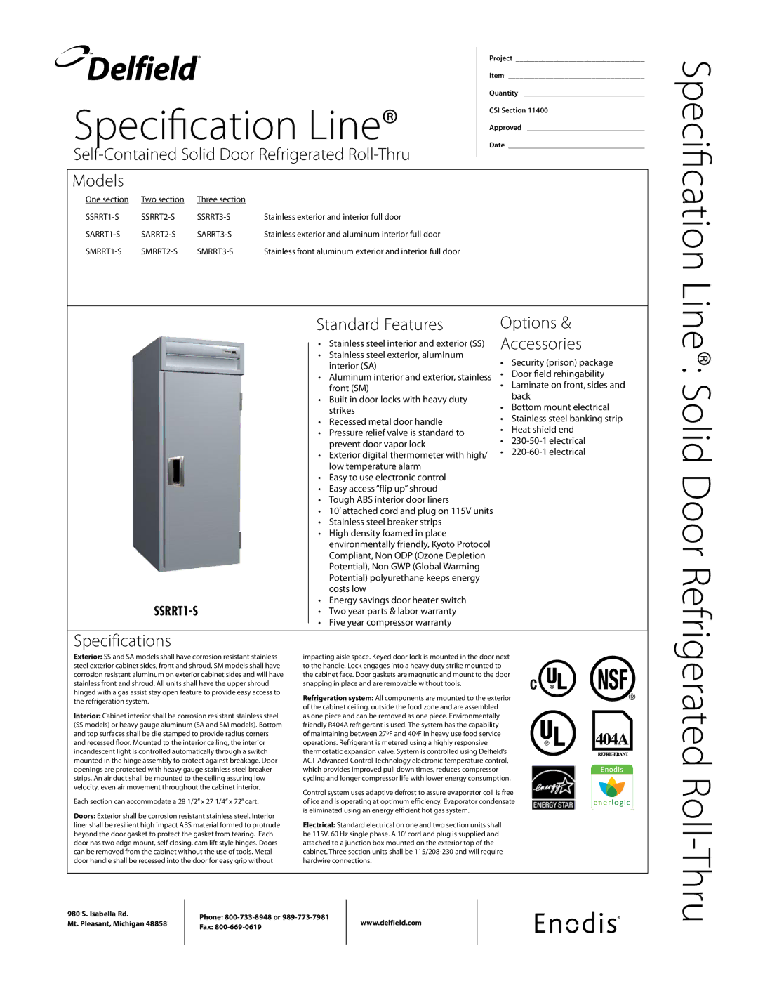 Delfield SSRRT2-S, SSRRT3-S specifications Self-Contained Solid Door Refrigerated Roll-Thru Models, Standard Features 