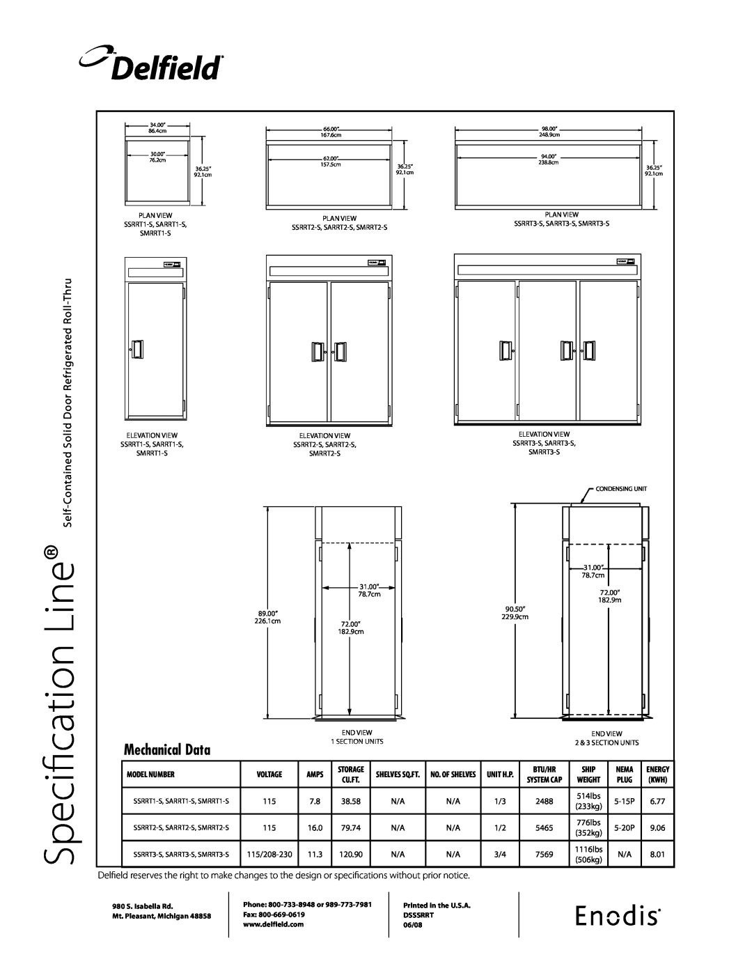 Delfield SSRRT1-S Delfield, Line, Specification, Mechanical Data, Self-Contained Solid Door Refrigerated Roll-Thru, Amps 