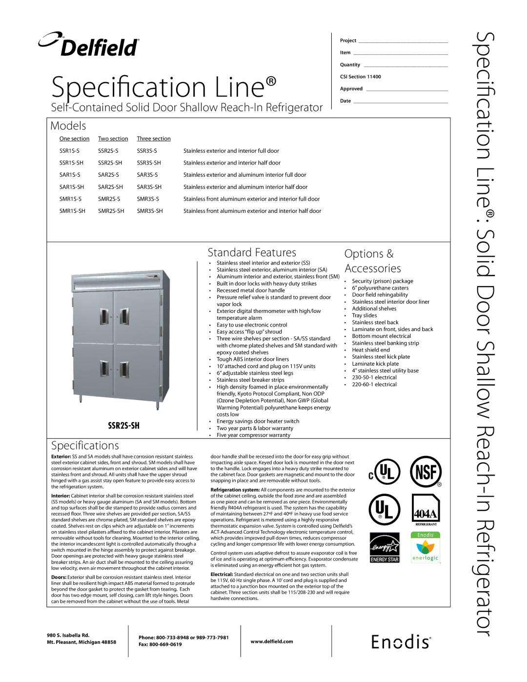 Delfield SMRS-S, SSRS, SARS specifications Specification Line, Specifications Standard Features Options, Accessories 