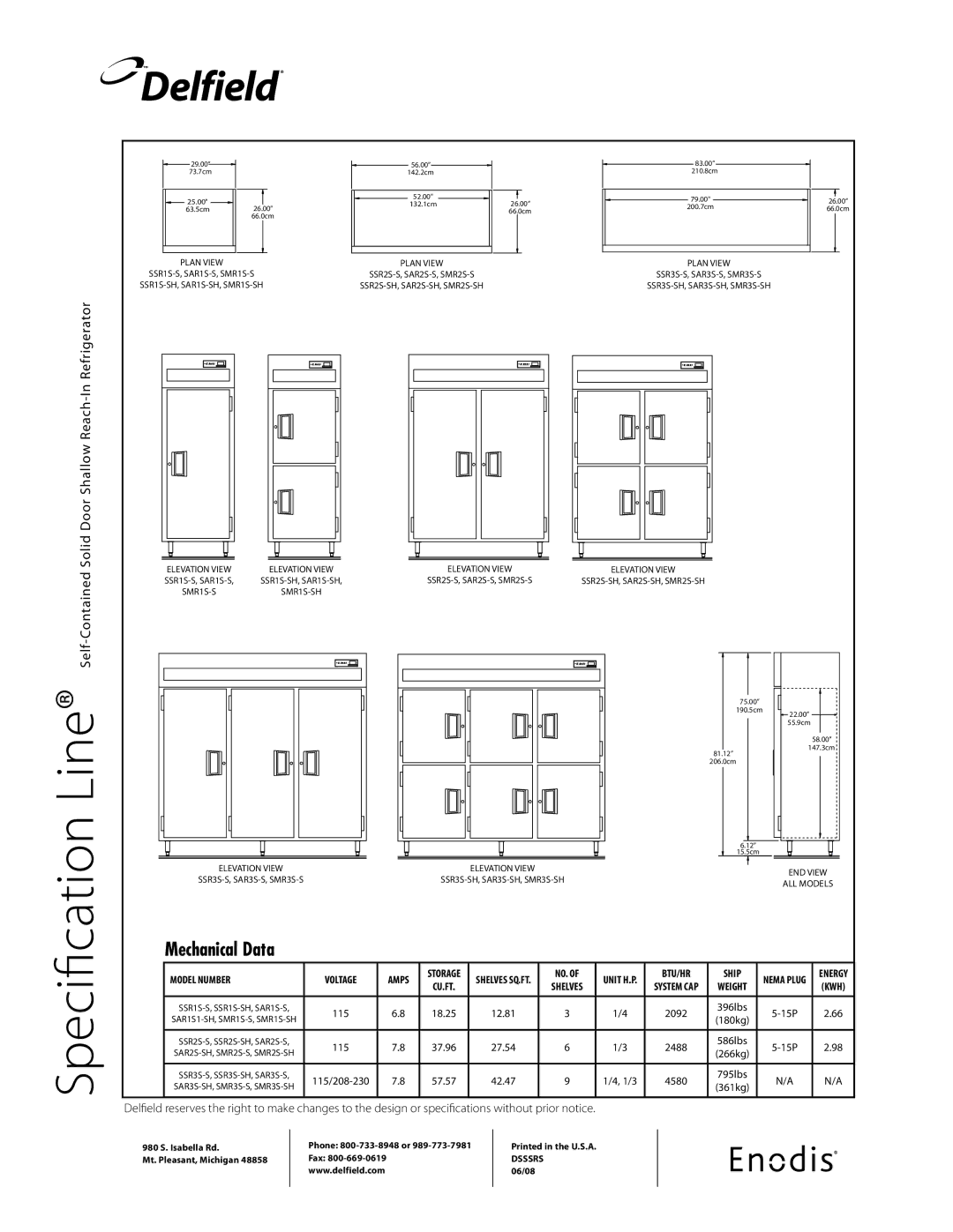 Delfield SARS, SSRS, SMRS-S specifications Delfield, Specification, Mechanical Data 