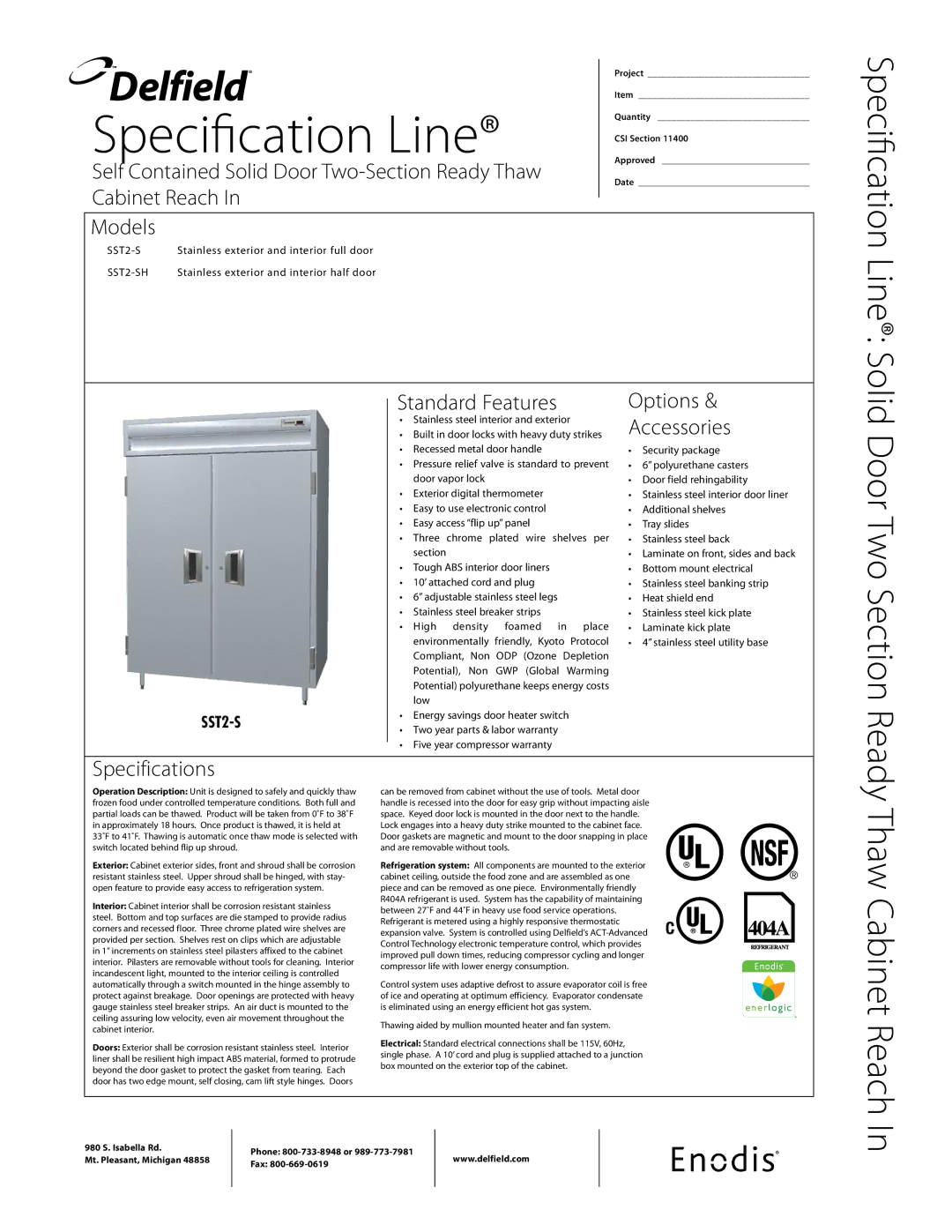 Delfield SST2-S specifications Specification Line, Self Contained Solid Door Two-Section Ready Thaw, Cabinet Reach Models 