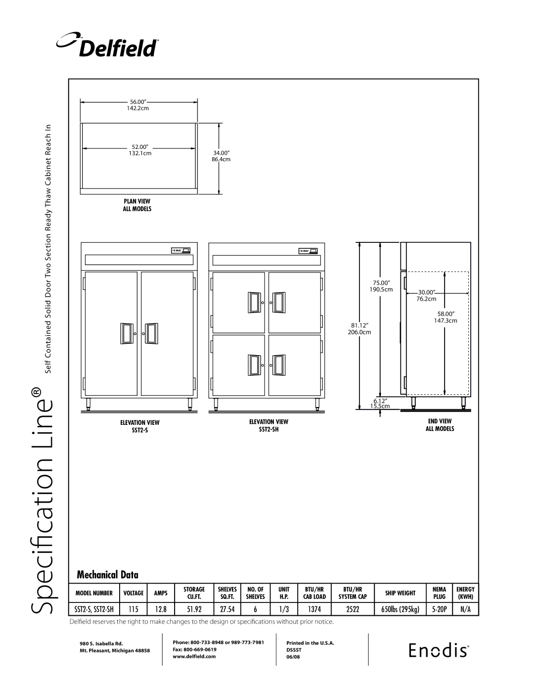 Delfield SST2-S specifications Delfield, Mechanical Data, 115 12.8 51.92 27.54 1374 2522, 20P 