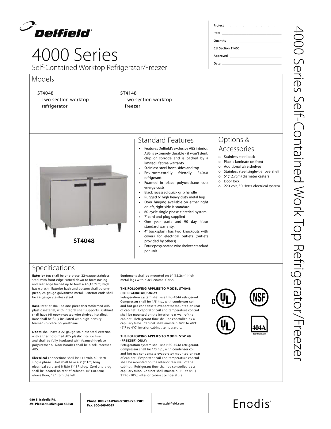 Delfield ST4048 specifications Series Self, Contained Work Top Refrigerator/Freezer, Specifications, Standard Features 