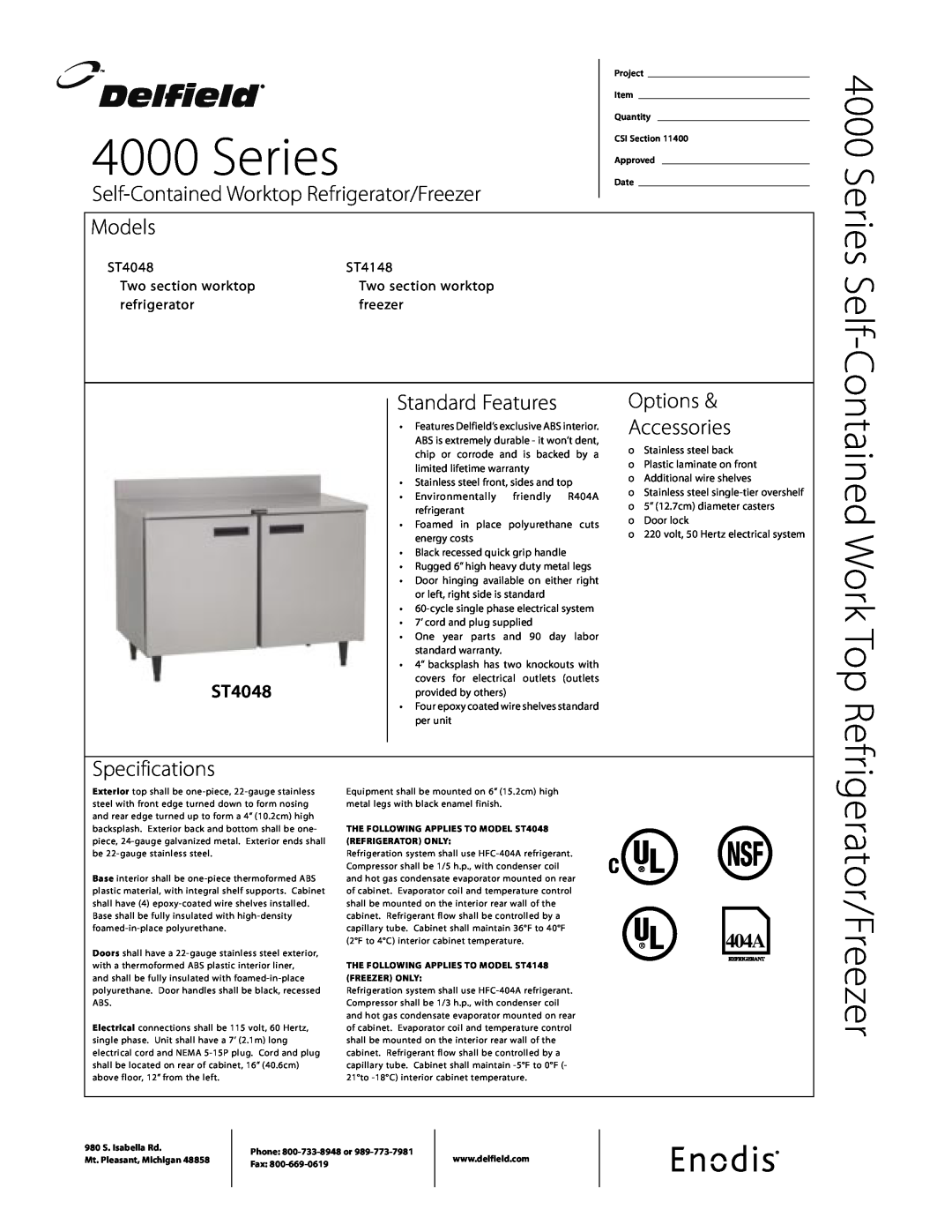 Delfield ST4048 specifications ST4148, Two section worktop, refrigerator, freezer, Series Self, Models, Specifications 