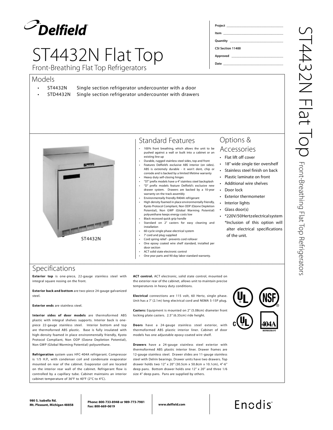 Delfield ST4432N specifications Models, Standard Features, Options Accessories, Specifications 