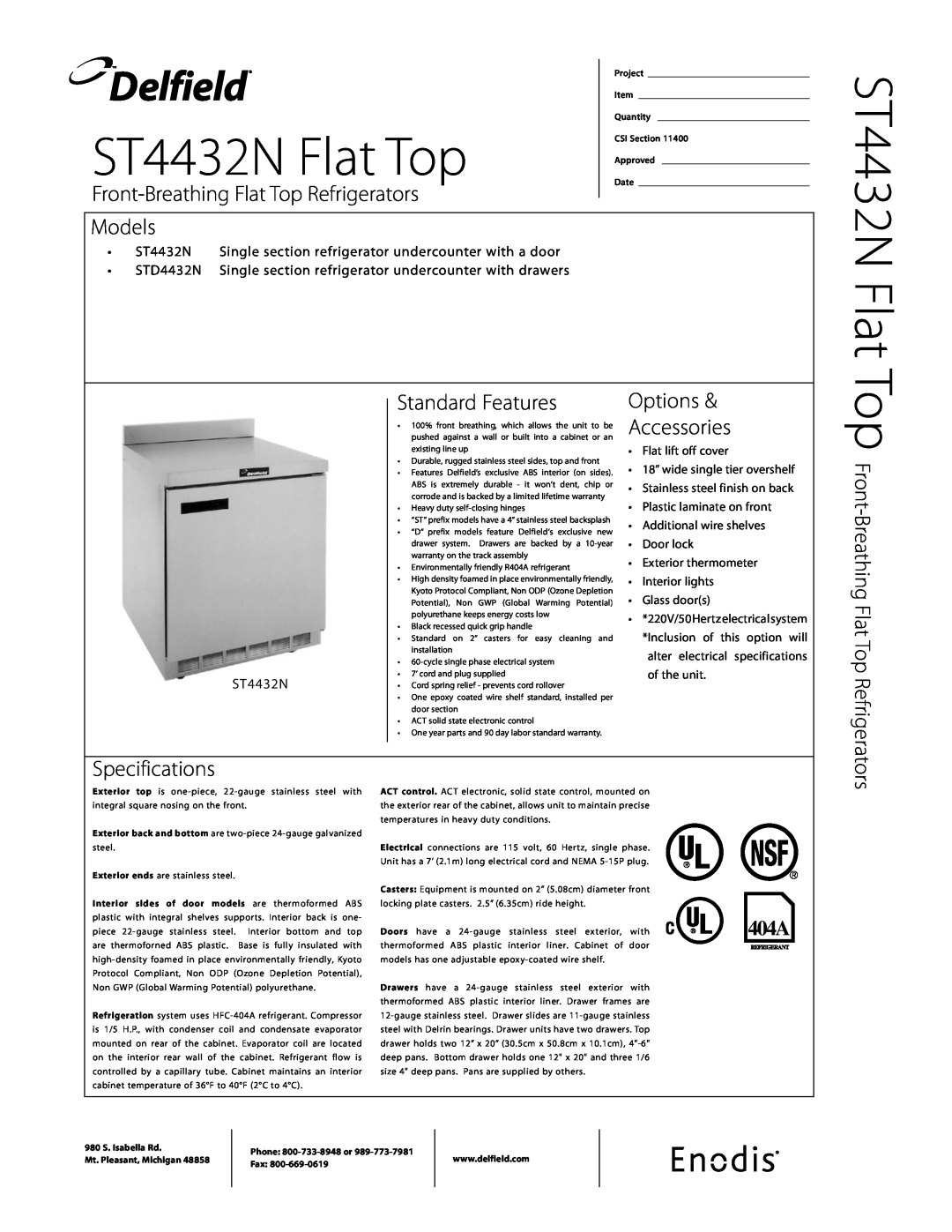 Delfield specifications ST4432N Single section refrigerator undercounter with a door, ST4432N Flat Top, Delfield 
