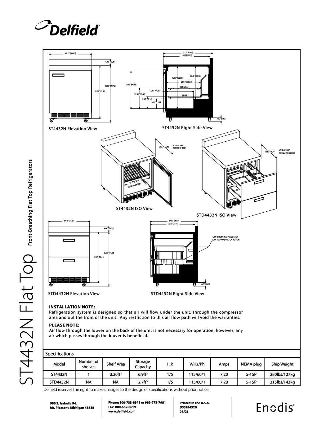 Delfield specifications Flat Top Refrigerators, Specifications, ST4432N Flat, Delfield, Installation Note, Please Note 