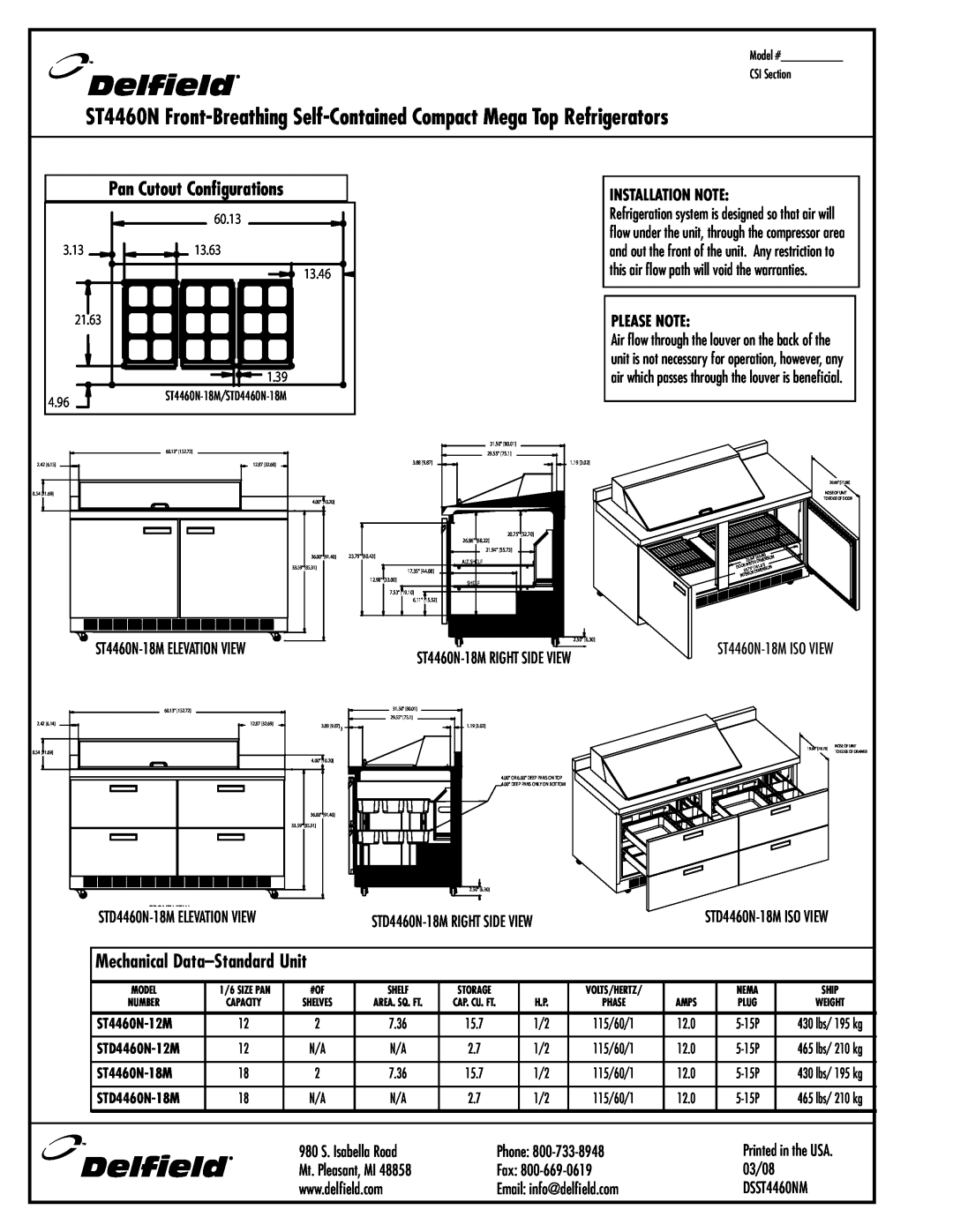 Delfield Mechanical Data–StandardUnit, , ST4460N-18MISO VIEW, STD4460N-18MISO VIEW, Pan Cutout Configurations, Fax 