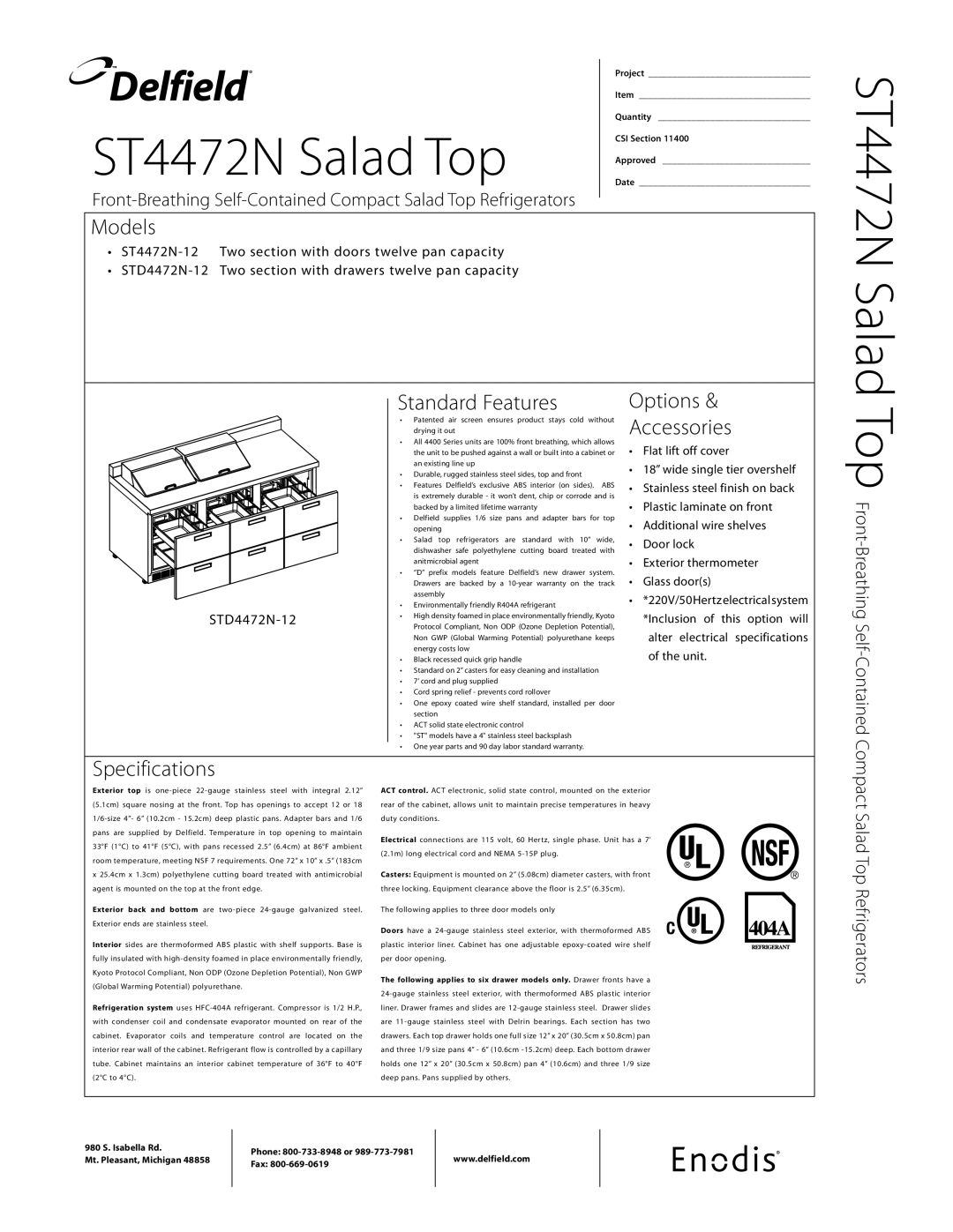 Delfield ST4472N-S manual ST4472N Salad Top, Models, Standard Features, Options Accessories, Specifications 