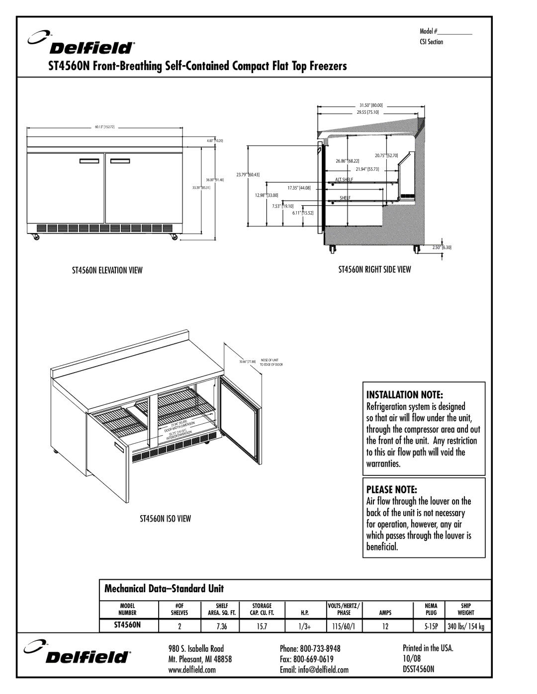 Delfield ST4560N specifications Mechanical Data-Standard Unit 