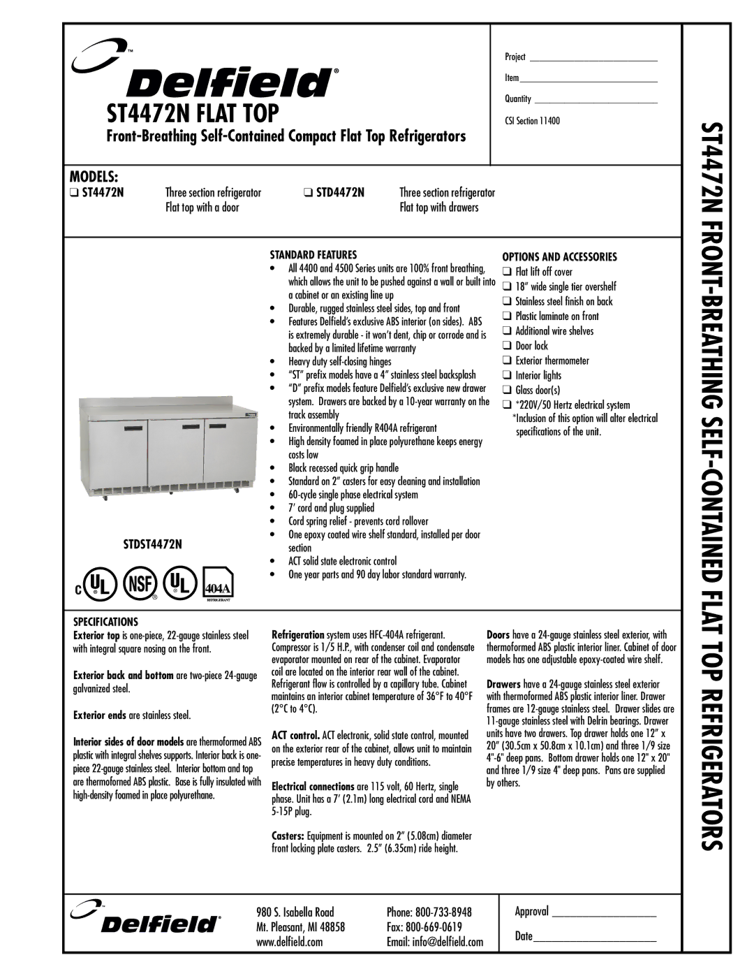 Delfield ST4427N, STD4427N specifications  ST4472N,  STD4472N, Flat top with a door 