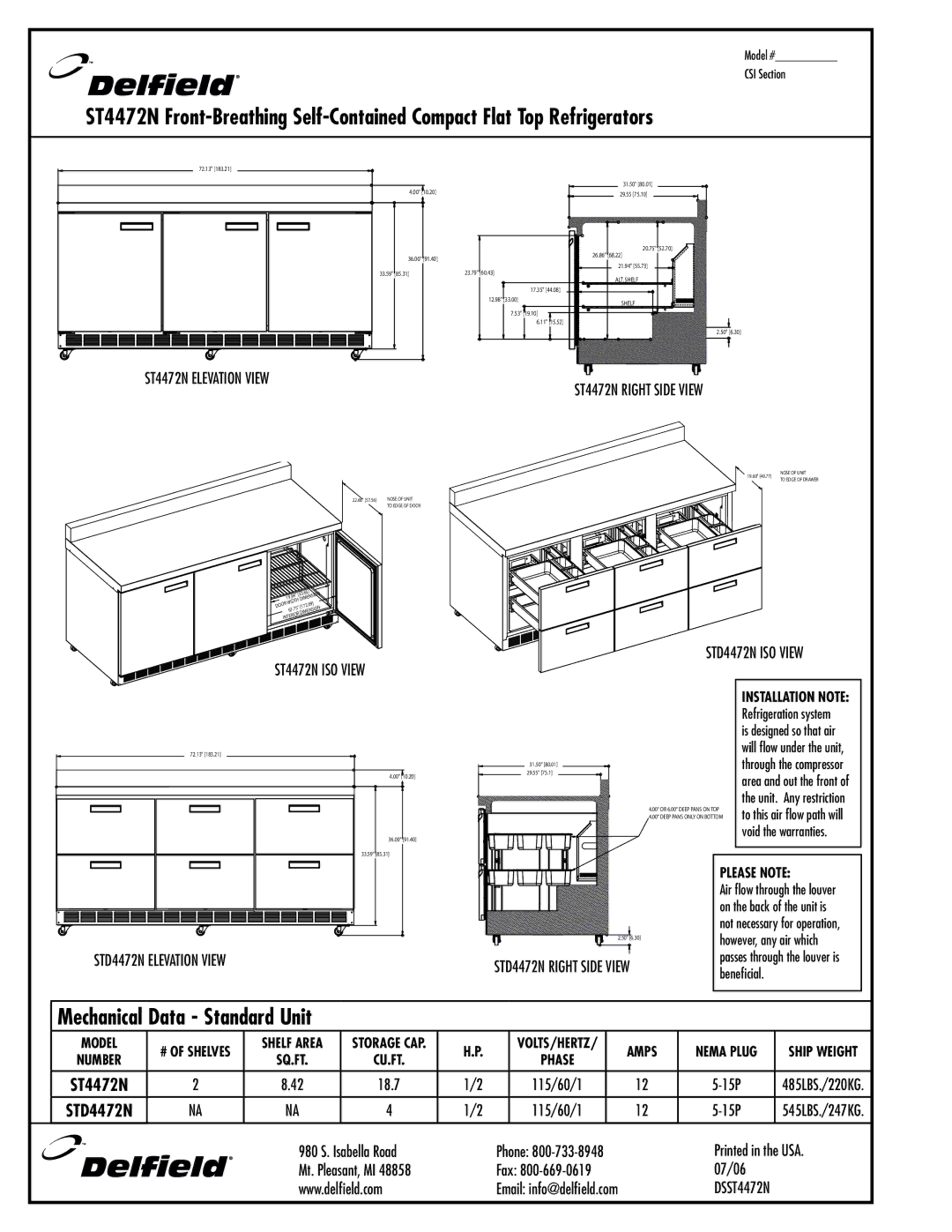 Delfield STD4427N ST4472N ISO View STD4472N ISO View, STD4472N Elevation View, STD4472N Right Side View, 18.7, DSST4472N 