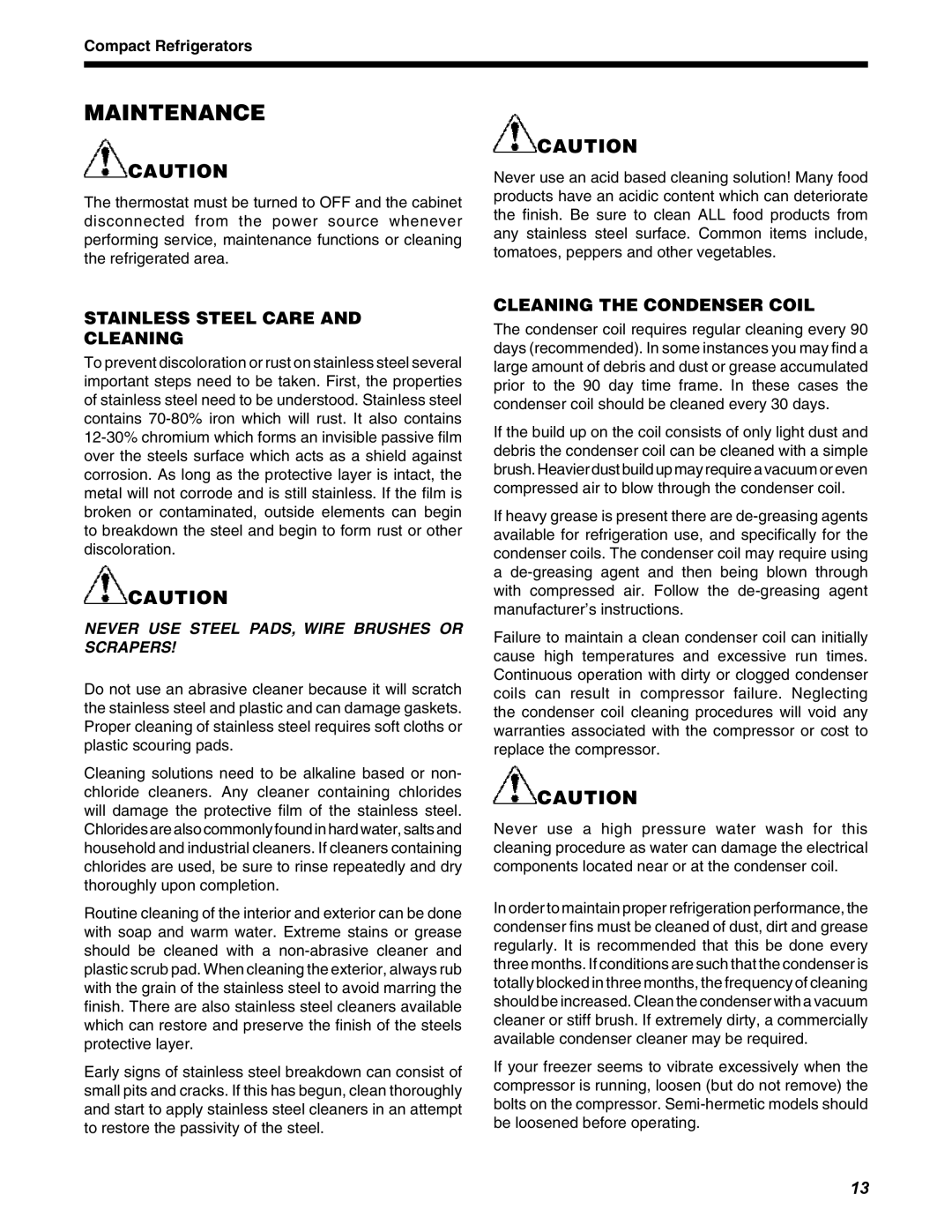 Delfield D4464N, STD4432N, D4460N operation manual Maintenance, Stainless Steel Care Cleaning 