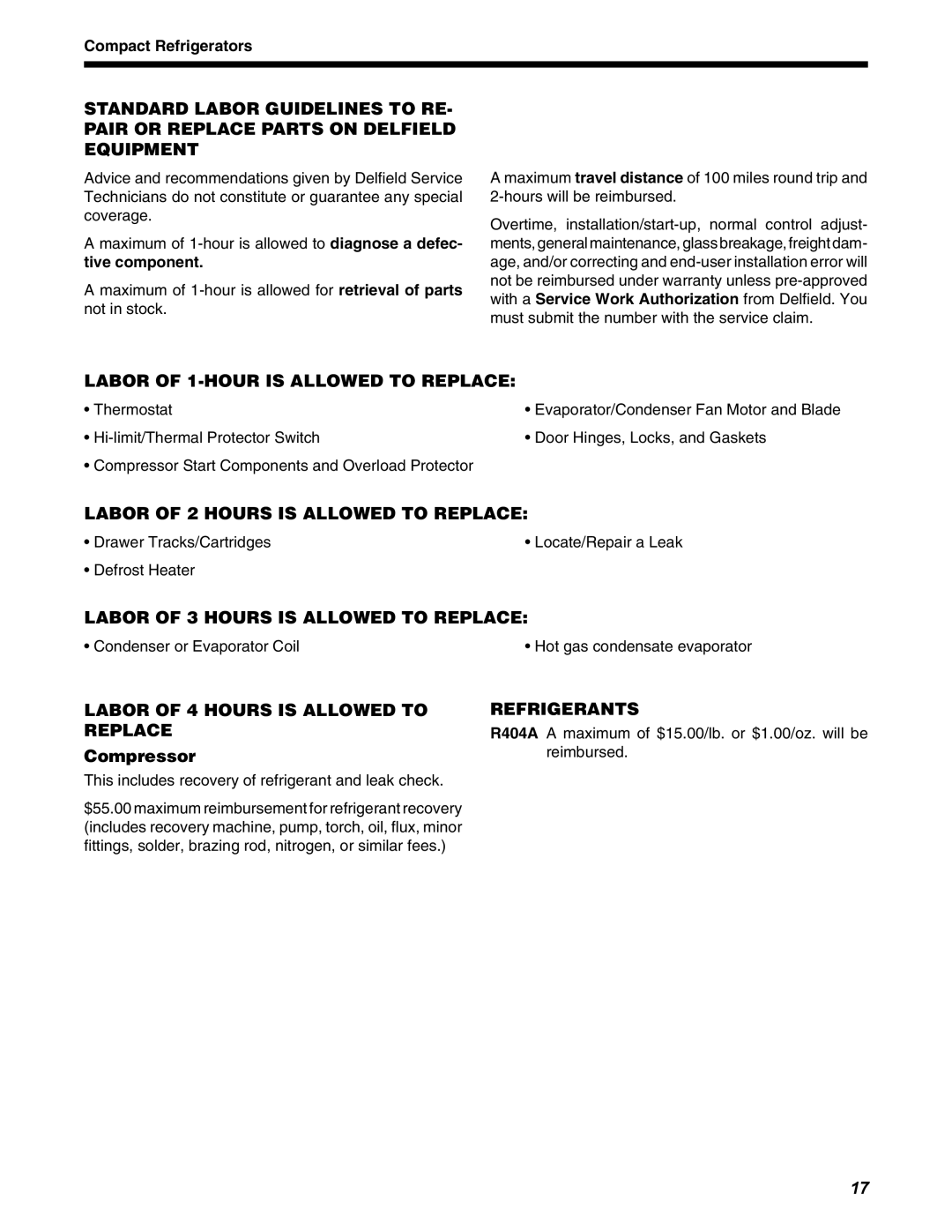 Delfield D4460N, STD4432N, D4464N operation manual Labor of 1-HOUR is Allowed to Replace, Compressor 