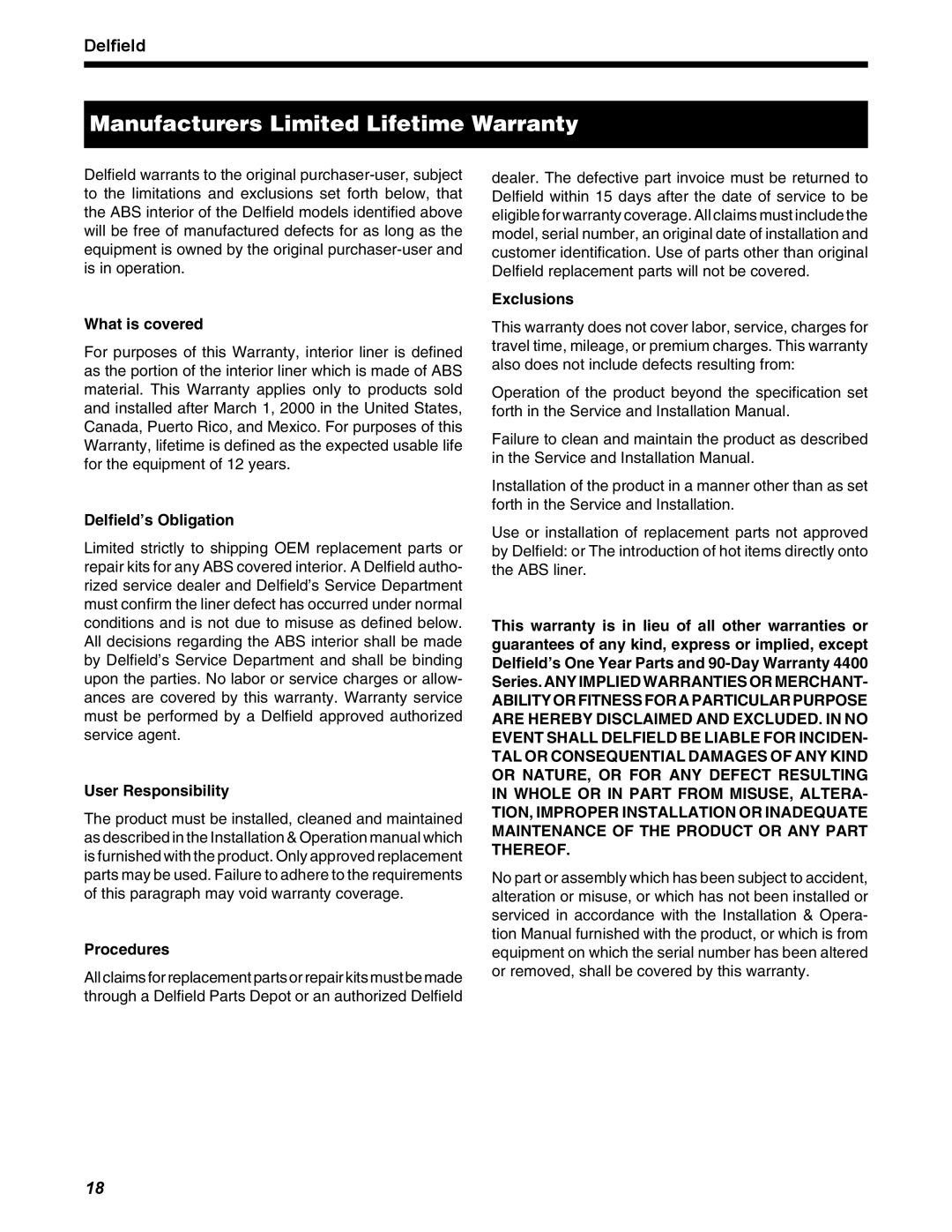 Delfield STD4432N, D4464N, D4460N What is covered, Delfield’s Obligation, User Responsibility Procedures, Exclusions 