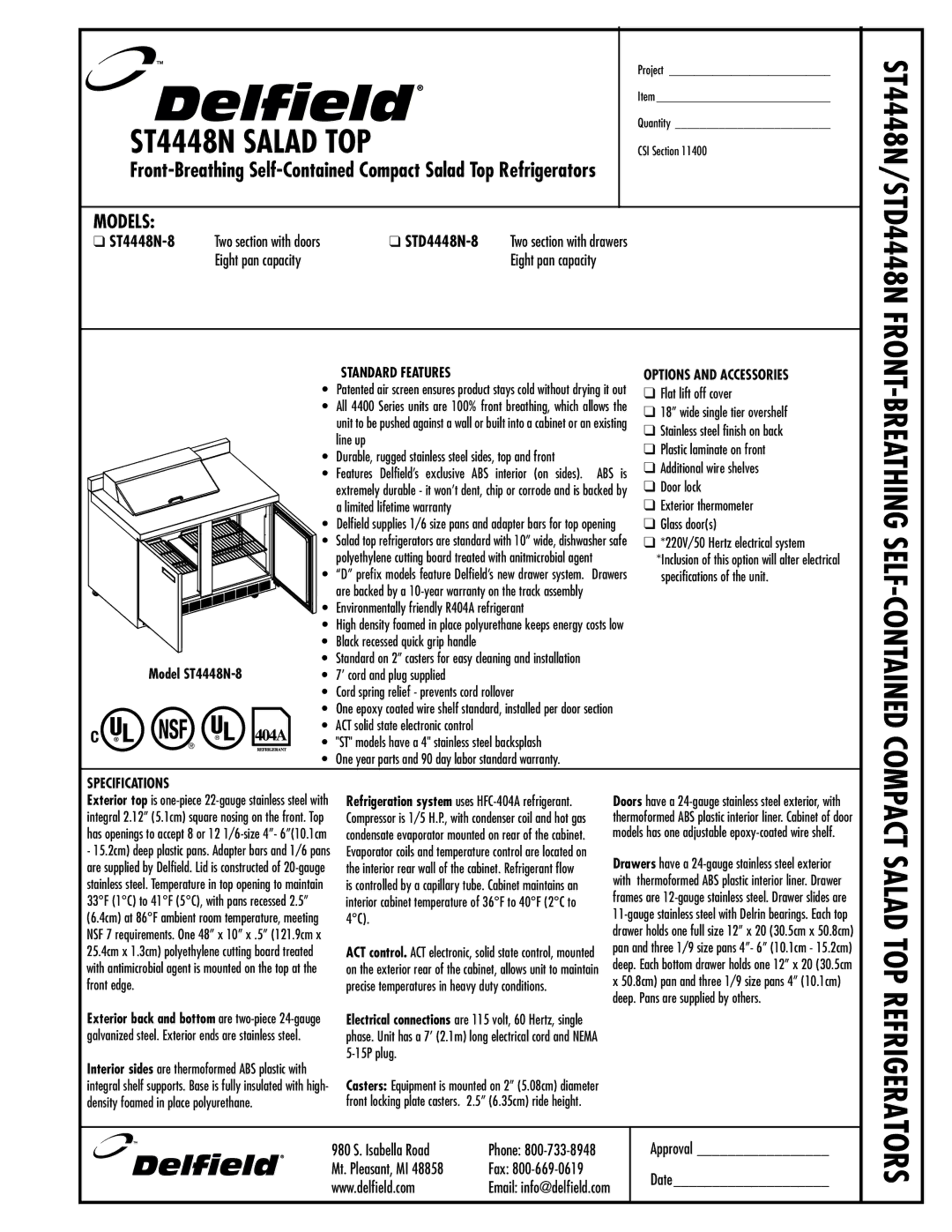 Delfield ST4448N-8, STD4448N-8 specifications Standard Features, Options and Accessories, Specifications 