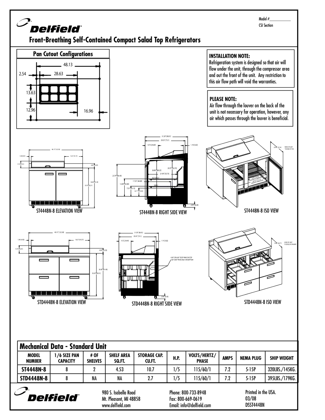 Delfield STD4448N-8, ST4448N-8 specifications Mechanical Data Standard Unit 