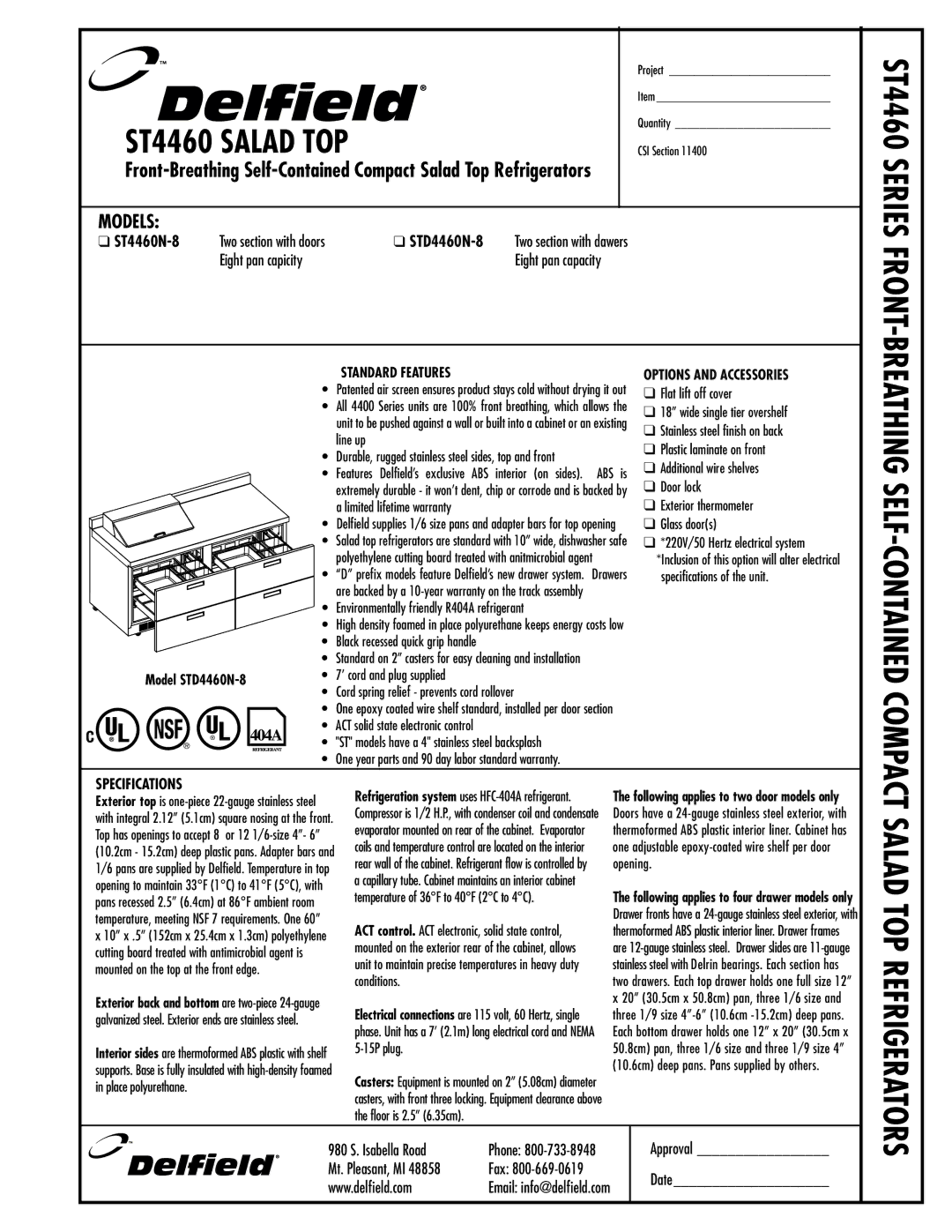 Delfield STD446-ON-8 manual ST4460 Salad TOP, Specifications 