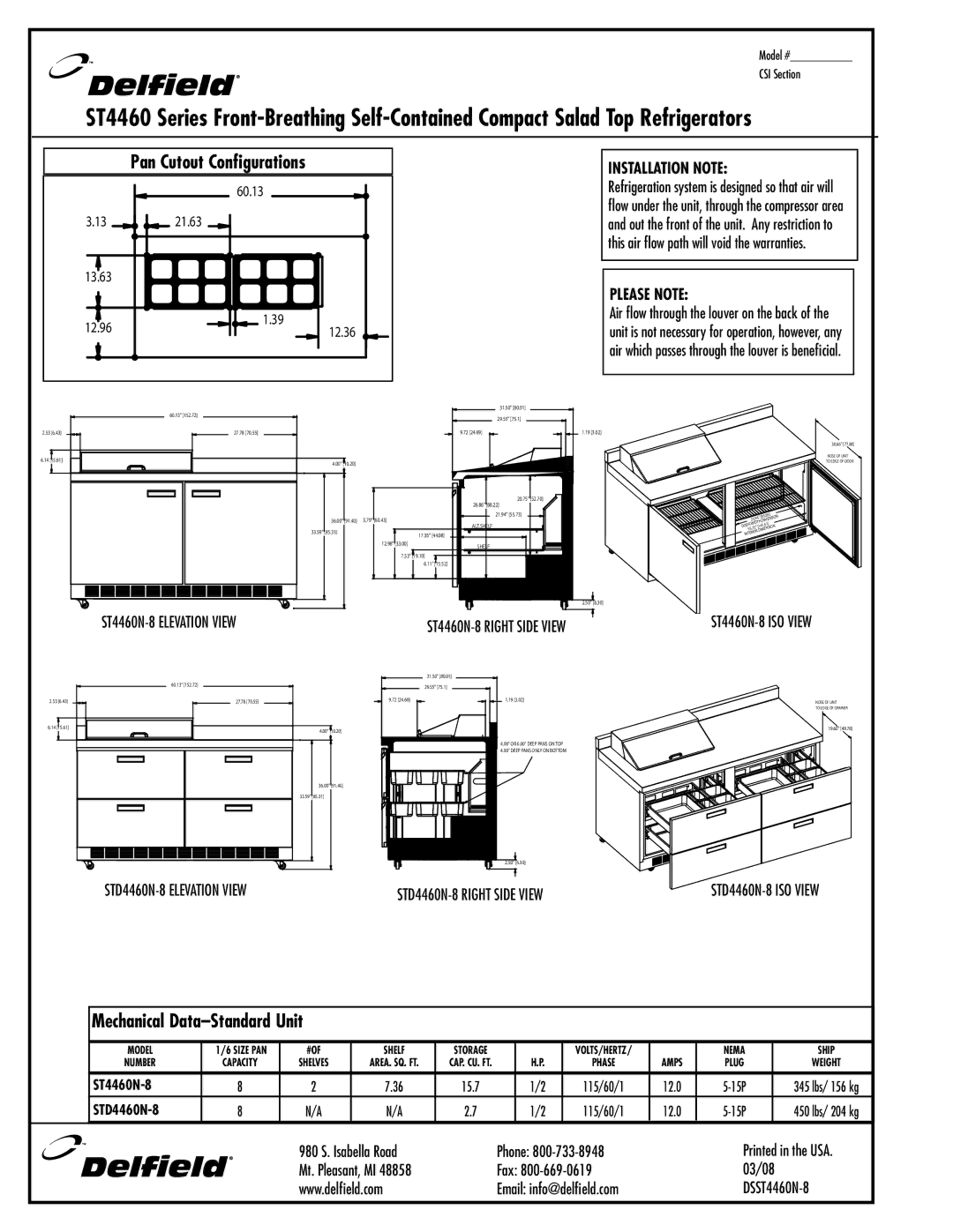 Delfield STD446-ON-8 manual Installation Note, Please Note 