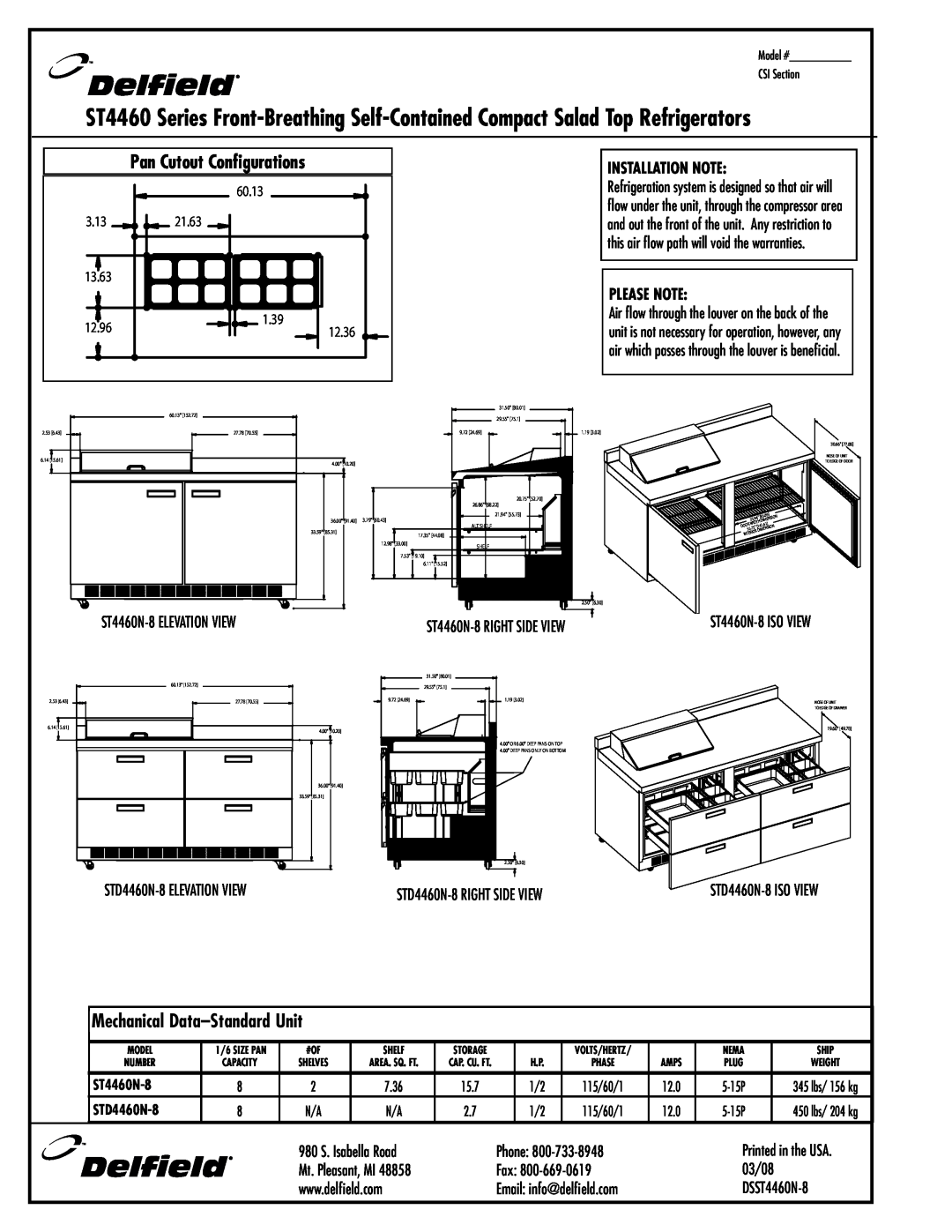 Delfield STD446-ON-8 manual Pan Cutout Configurations, Mechanical Data-Standard Unit, Installation Note, Please Note 