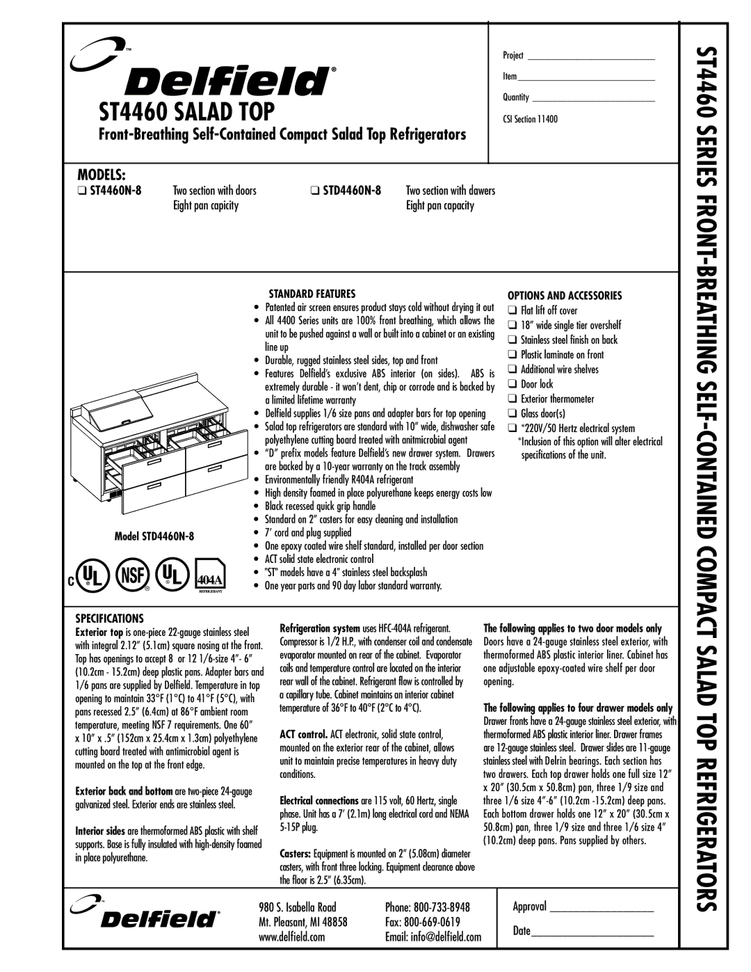 Delfield ST4460N-S, STD4460N-S manual ST4460 Salad TOP, Specifications 