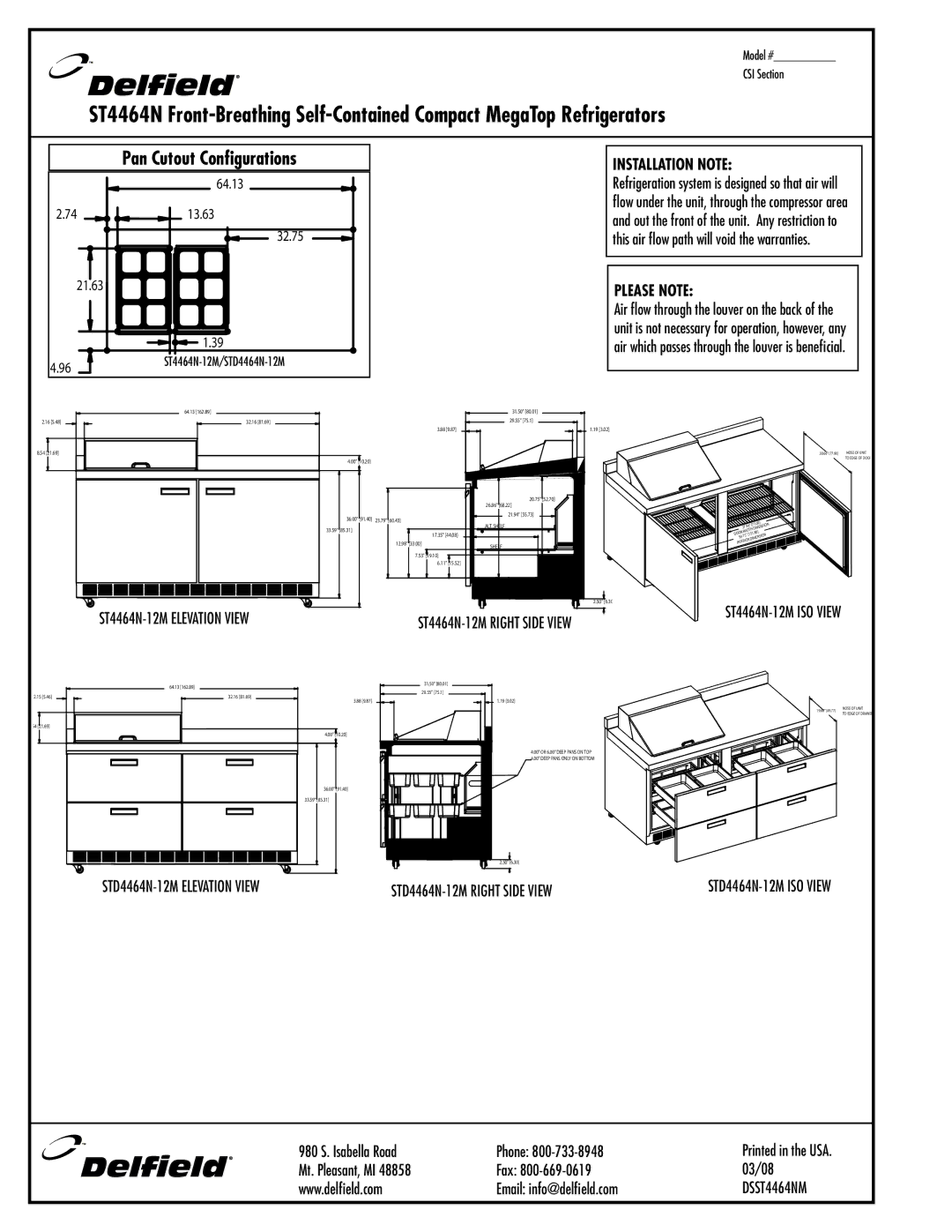 Delfield STD4464N-18M manual Installation Note, Please Note, STD4464N-12M Elevation View STD4464N-12M Right Side View 