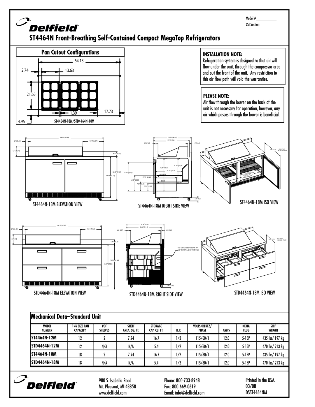 Delfield ST4464N-12M, STD4464N-12M manual ST4464N-18M ISO View, STD4464N-18M Right Side View 
