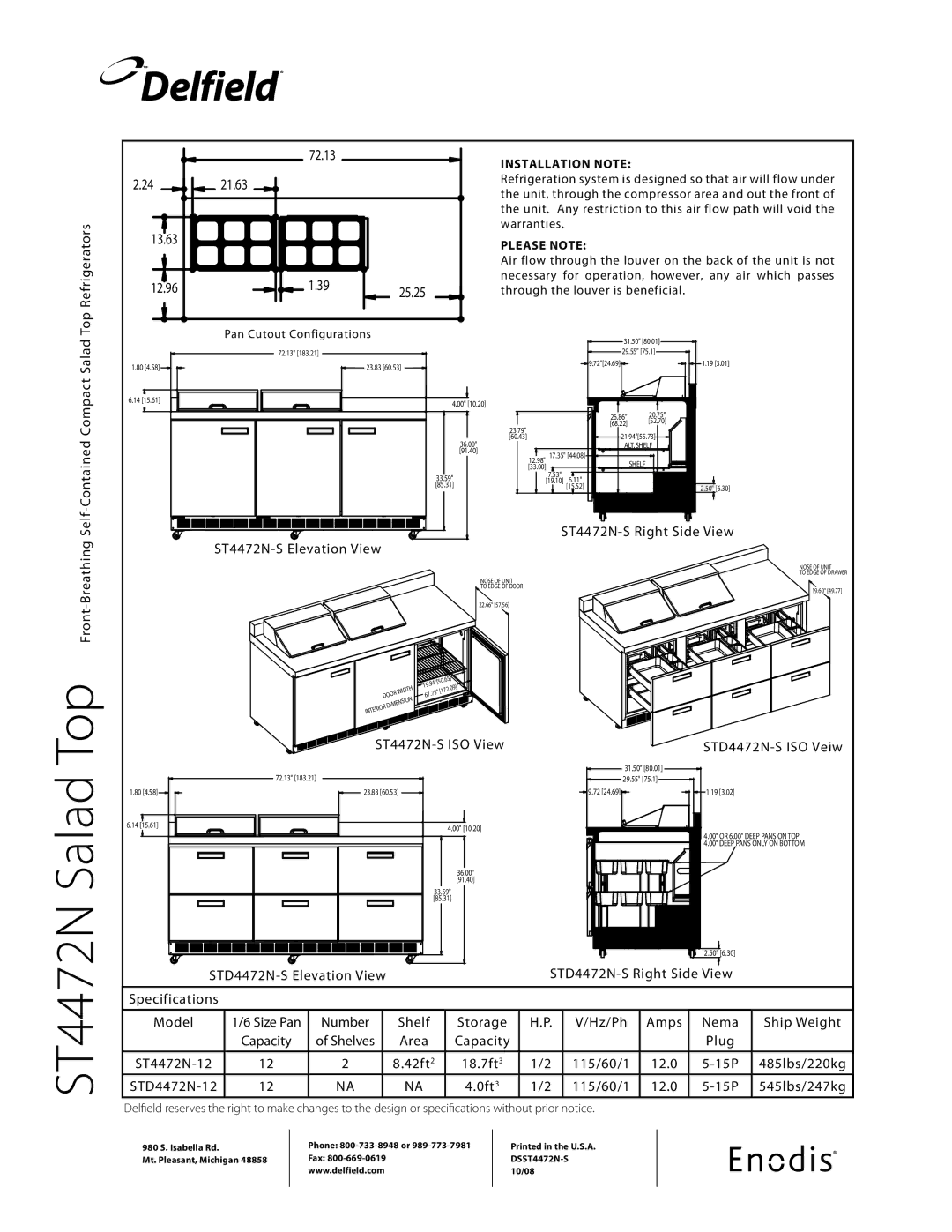 Delfield STD4472N-12, ST4472N-12 specifications Salad Top, Installation Note, Please Note 