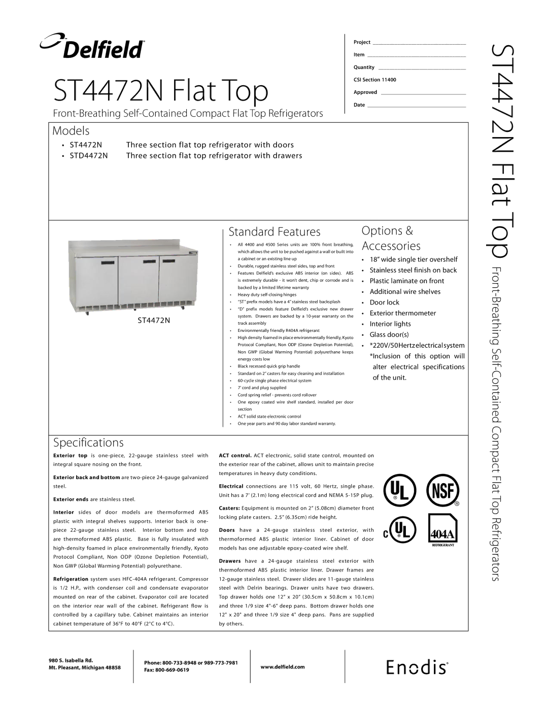 Delfield STD4472N-S specifications Models, Standard Features, Options Accessories, Specifications 