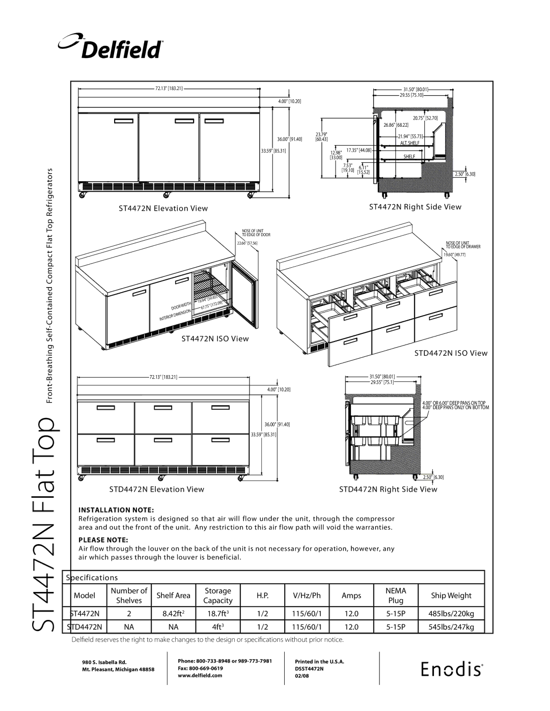 Delfield STD4472N-S Compact Flat Top Refrigerators, ST4472N Elevation View ST4472N Right Side View, ST4472N ISO View, 4ft3 