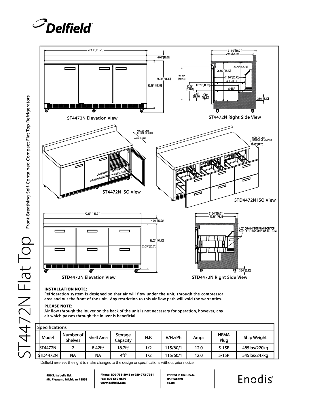 Delfield STD4472N-S specifications ST4472N, Delfield, Installation Note, Please Note 