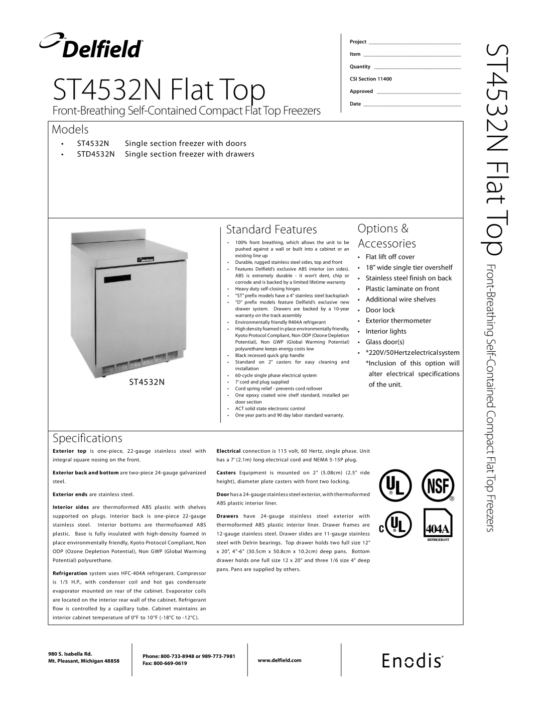 Delfield ST4532N specifications Models, Standard Features, Options Accessories, Specifications, Compact Flat Top Freezers 