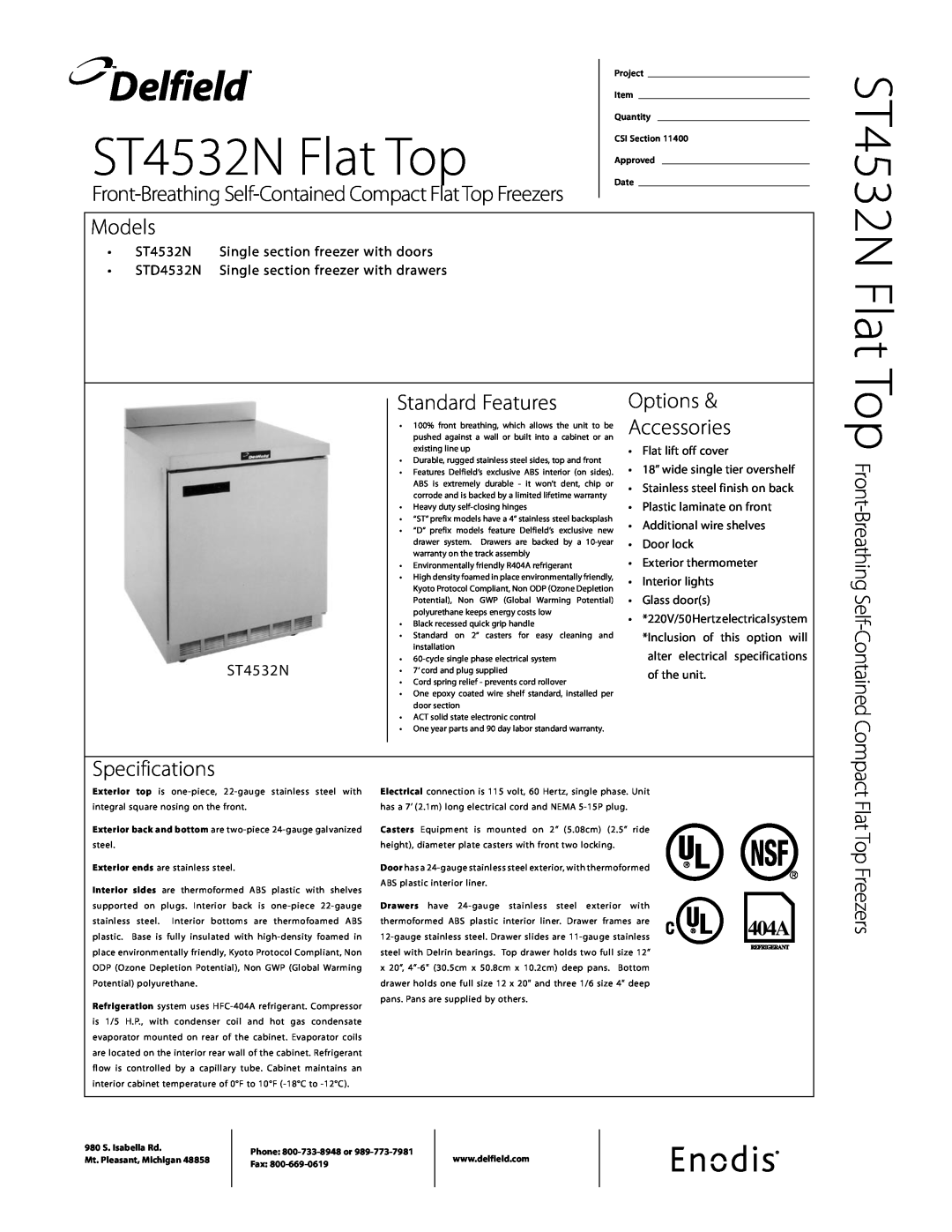 Delfield specifications ST4532N Single section freezer with doors, STD4532N Single section freezer with drawers, Models 