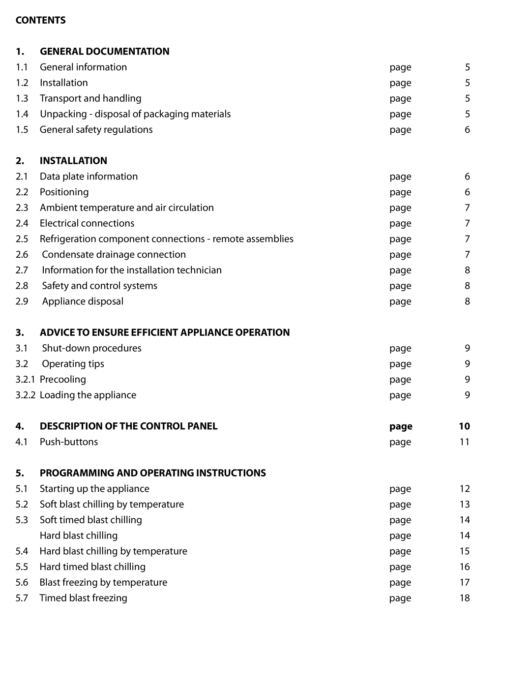 Delfield T5, T20C, T40, T24C Contents General Documentation, Installation, Advice to Ensure Efficient Appliance Operation 