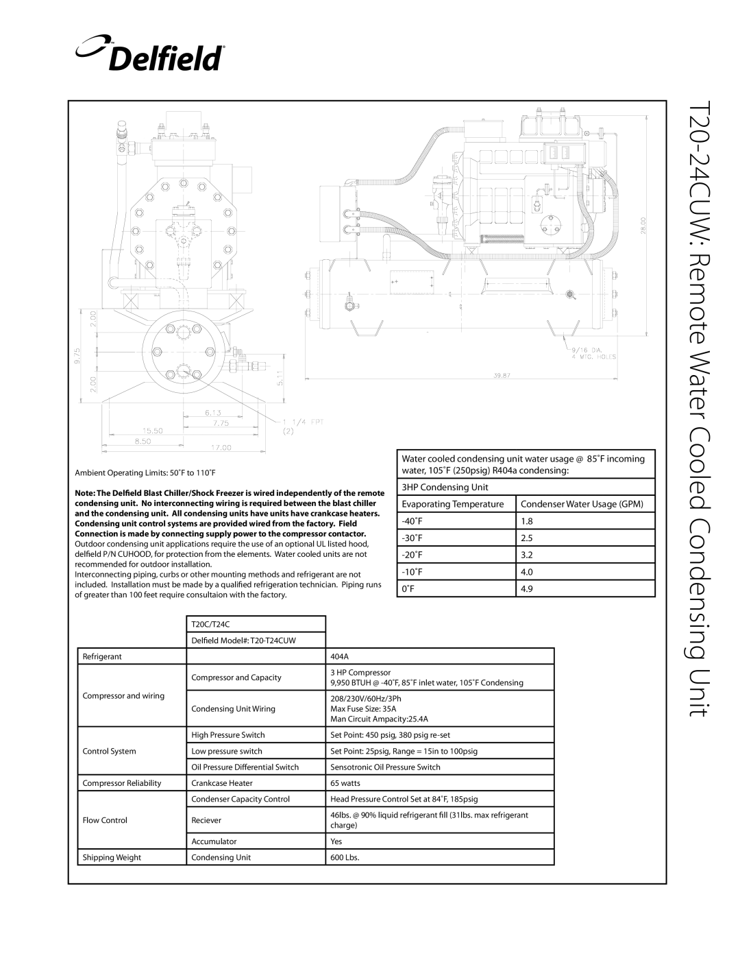 Delfield T14D, T20C, T40, T5, T24C manual T20-24CUW Remote Water Cooled Condensing Unit 