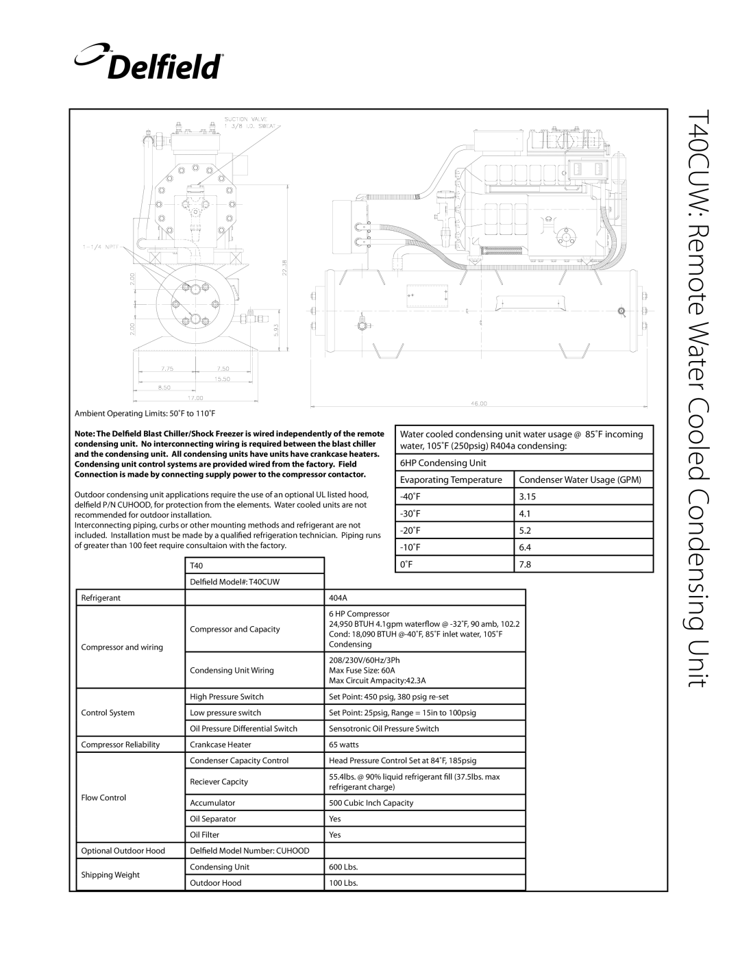 Delfield T20C, T5, T24C, T14D manual T40CUW Remote Water Cooled Condensing Unit 