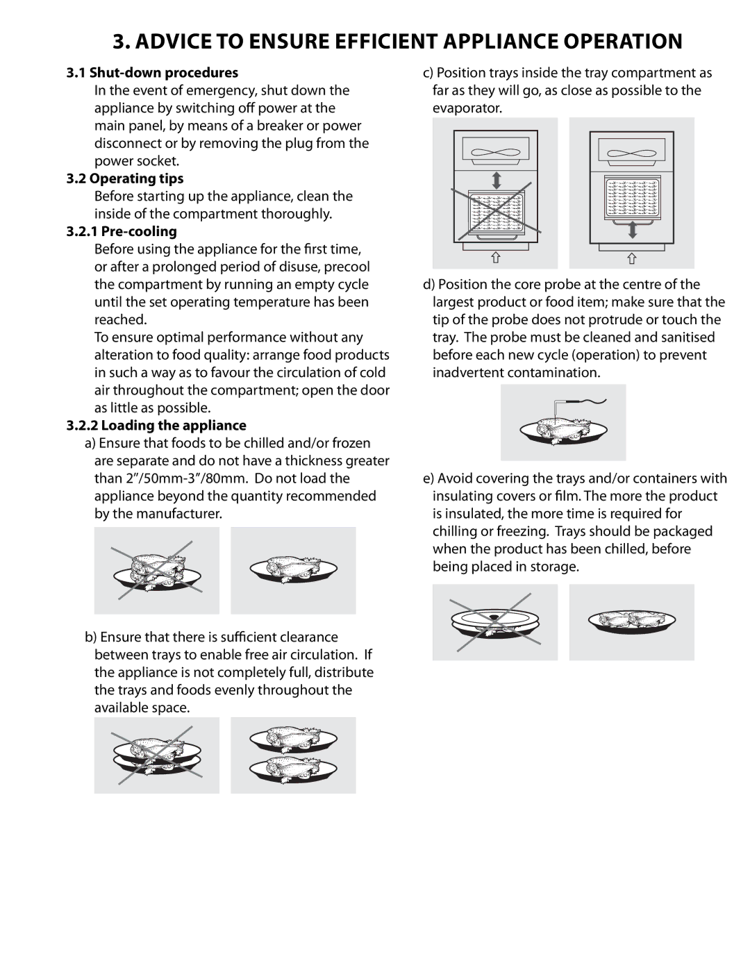 Delfield T5, T20C, T40, T24C, T14D manual Shut-down procedures, Operating tips, Pre-cooling, Loading the appliance 