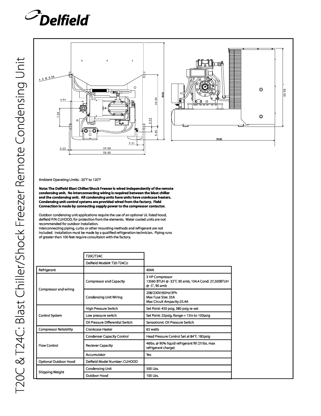 Delfield T40, T5, T14D manual T20C & T24C Blast Chiller/Shock Freezer Remote Condensing Unit, Delfield 