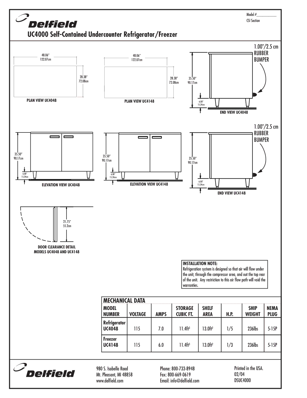 Delfield UC4000 warranty Installation Note, Storage 