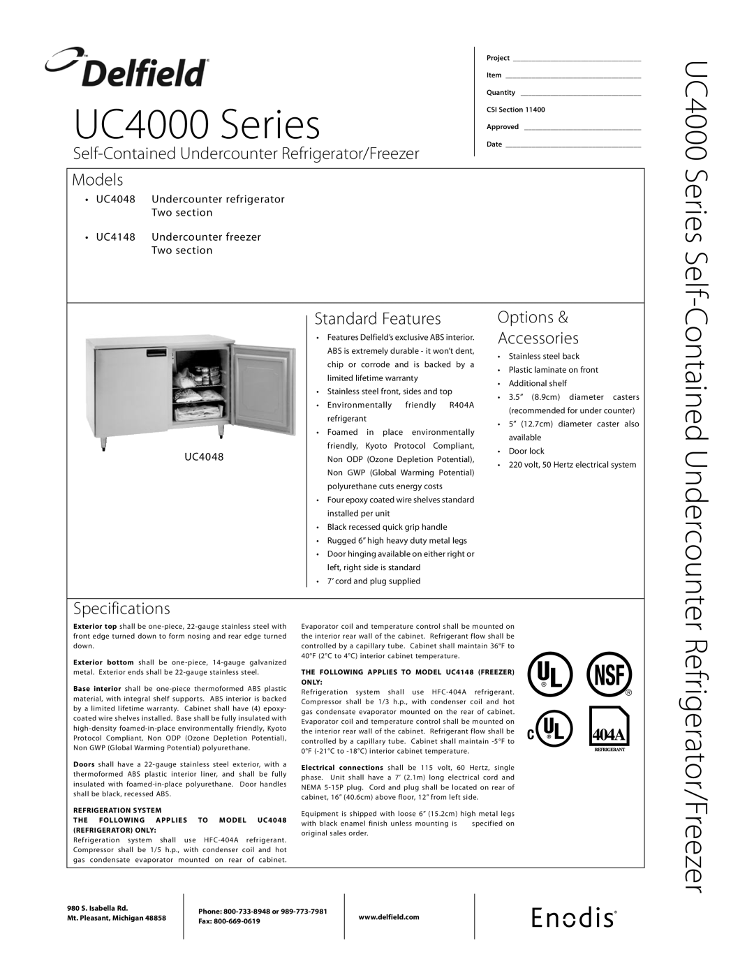 Delfield UC4048, UC4148 specifications Models, Standard Features, Options Accessories, Specifications 