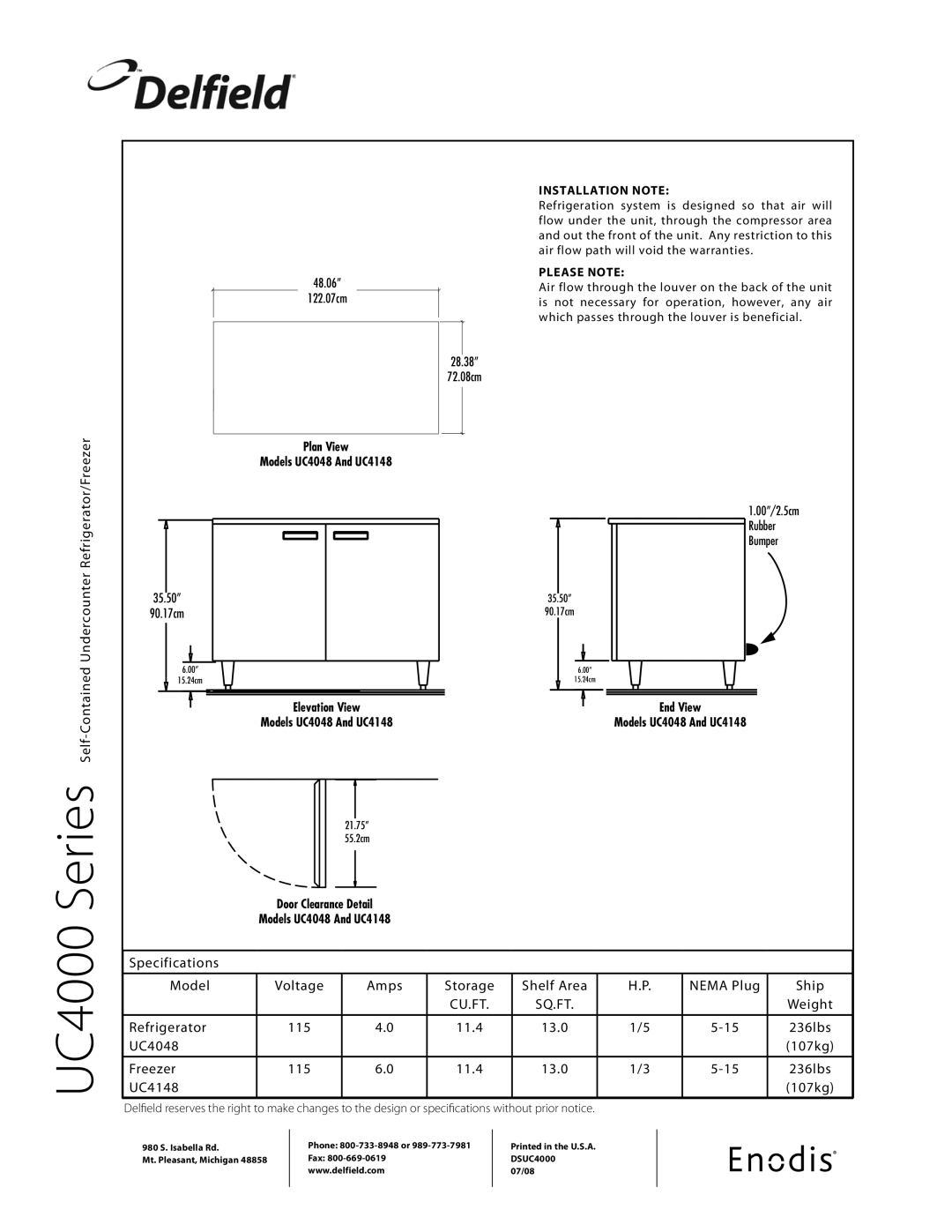 Delfield UC4148, UC4048 specifications Installation Note, Please Note 